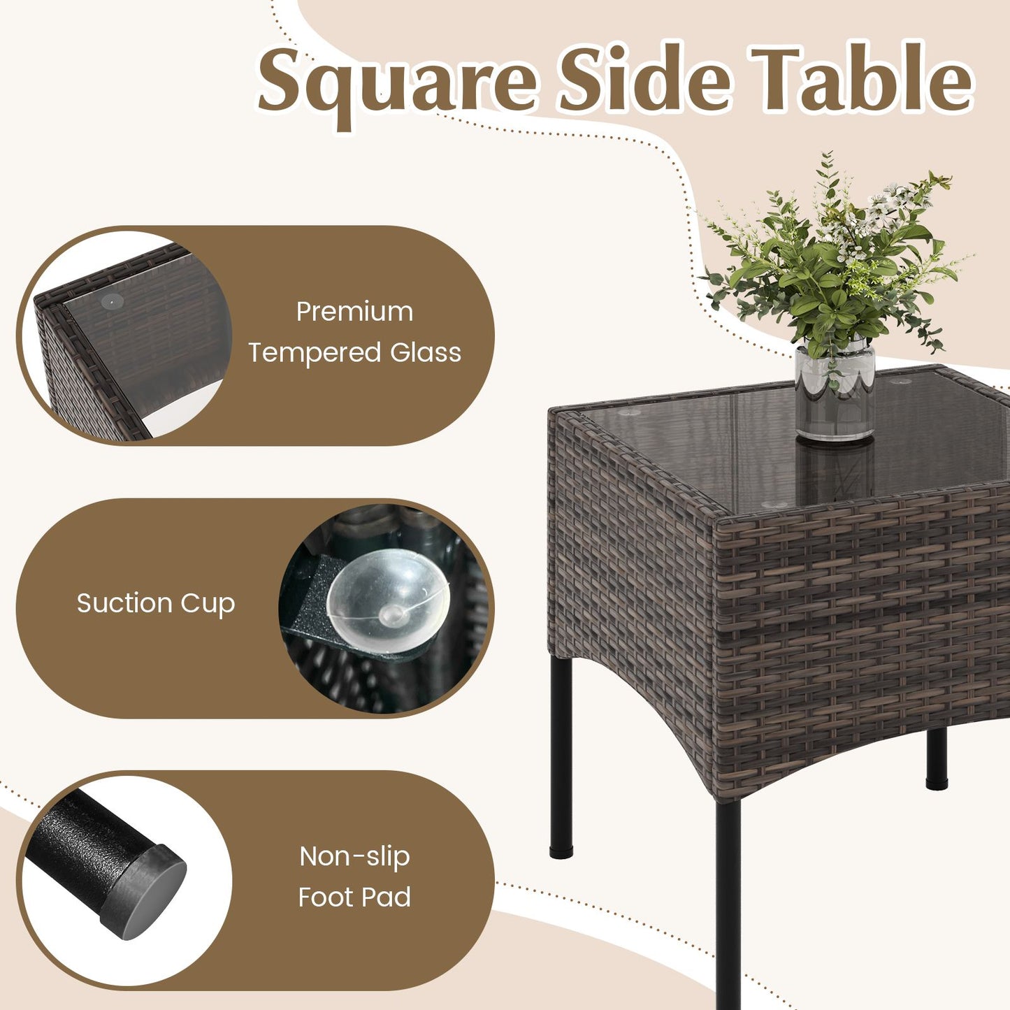 3 Pieces Patio Wicker Furniture Set with Cushioned Chairs and Tempered Glass Coffee Table