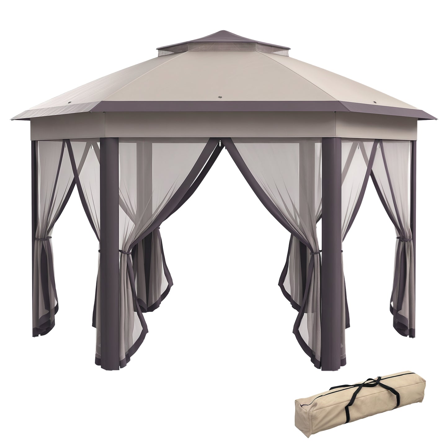 Hexagon Patio Gazebo Garden Shelter Heavy-Duty Double Roof W/ Mesh, 3 X 4M