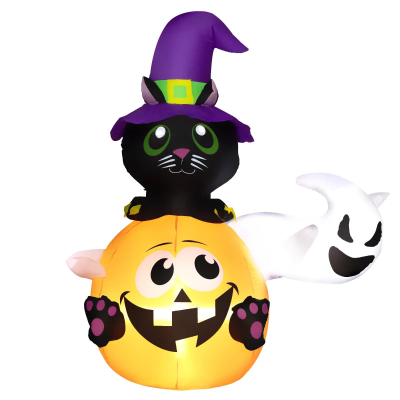 Outsunny 4.9FT Tall Halloween Inflatable Black Cat Riding Pumpkin with White Ghost
