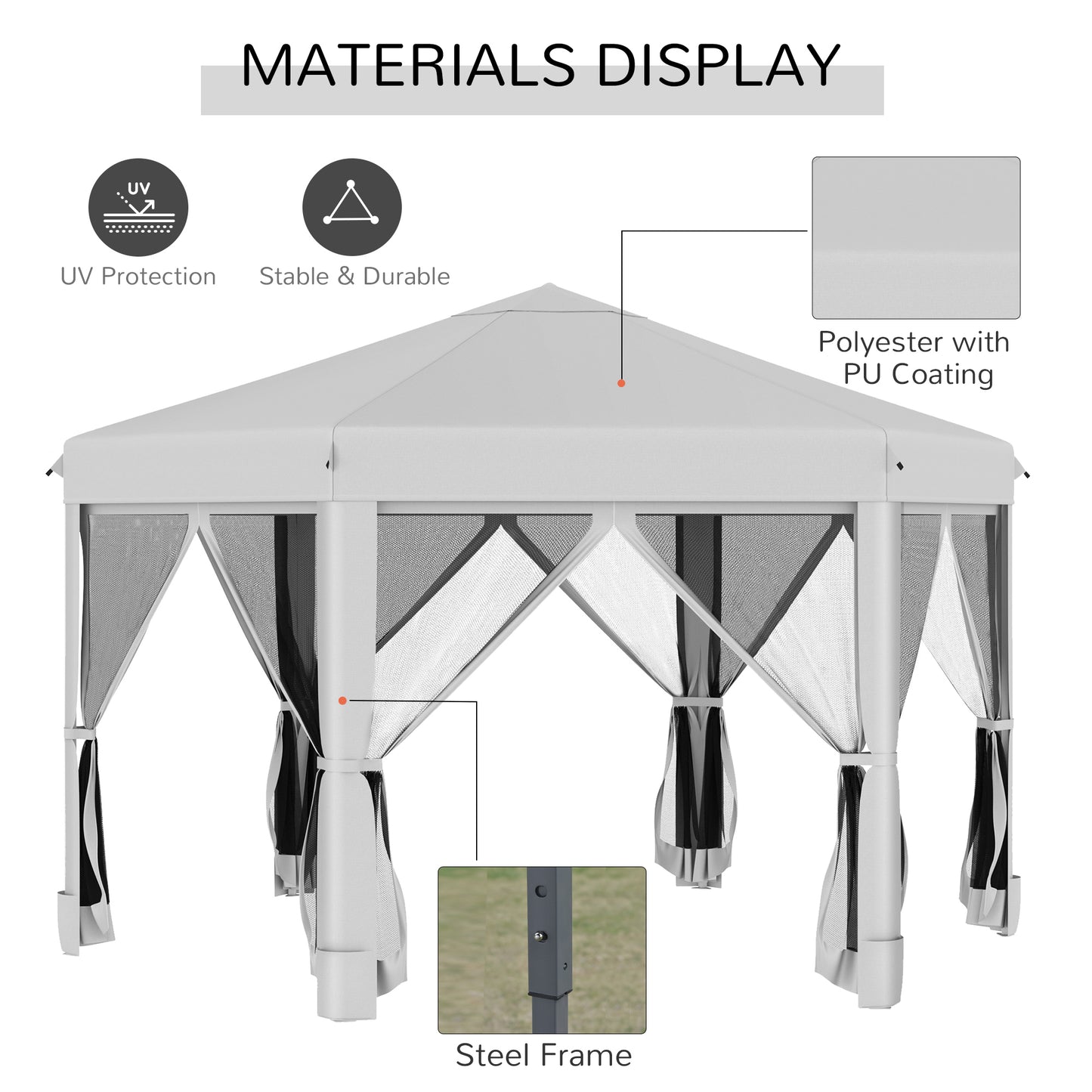 3.2M Outdoor Pop up Gazebo Hexagonal Canopy Tent with Mesh Sidewalls Handy Bag