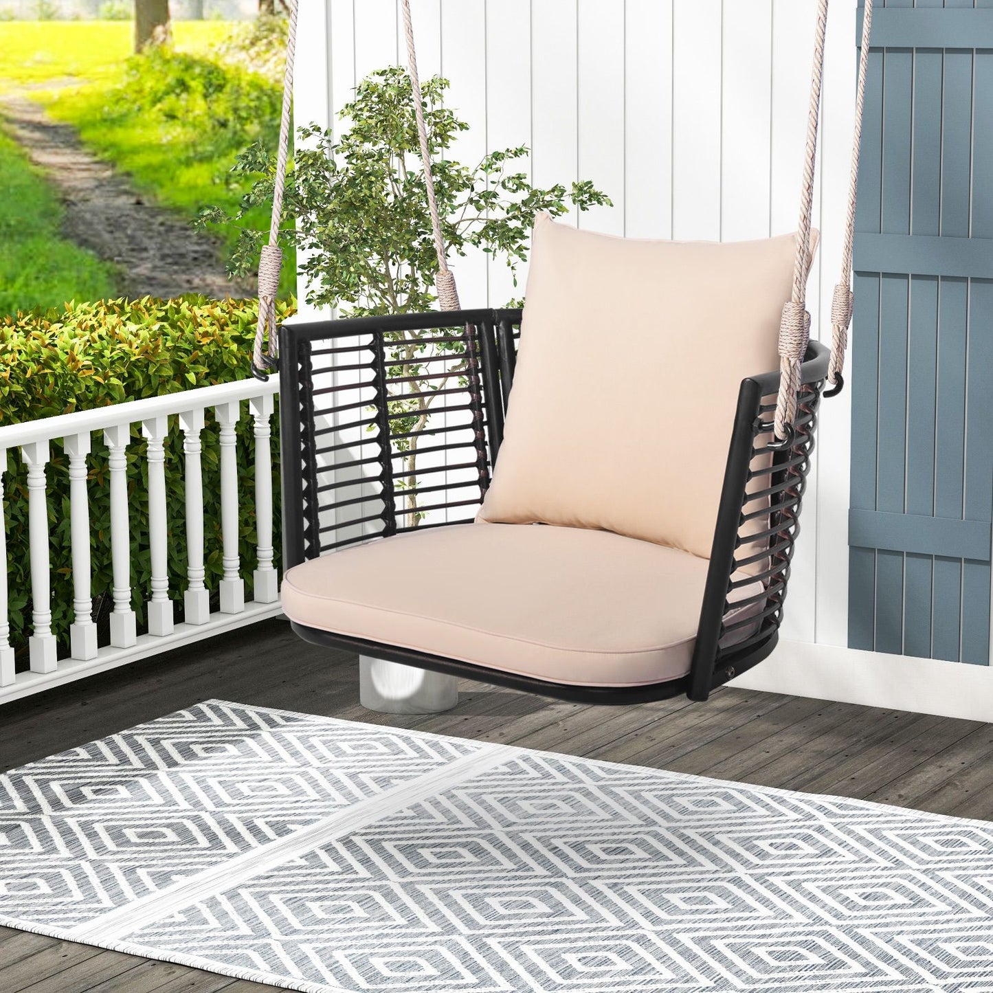 Patio Hanging Rattan Basket Chair Swing Hammock Chair with Cushions