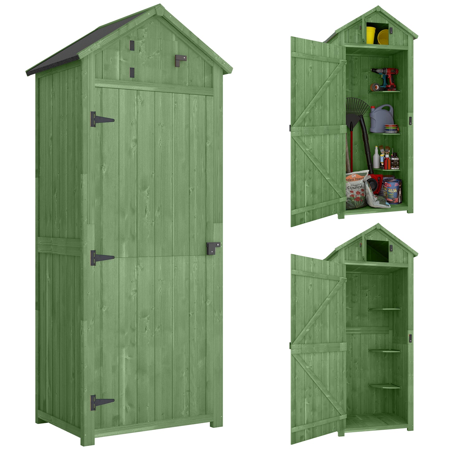 Garden Storage Shed 3 Utility Shelf Tool House W/ Asphalt Roof Lockabke Door