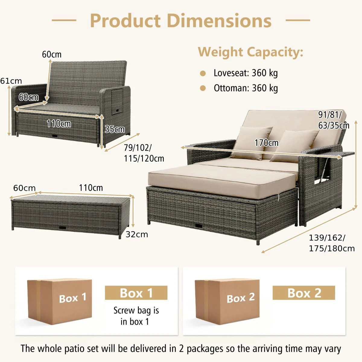 Patio Rattan Daybed Set with Multipurpose Ottoman and Retractable Side Tray
