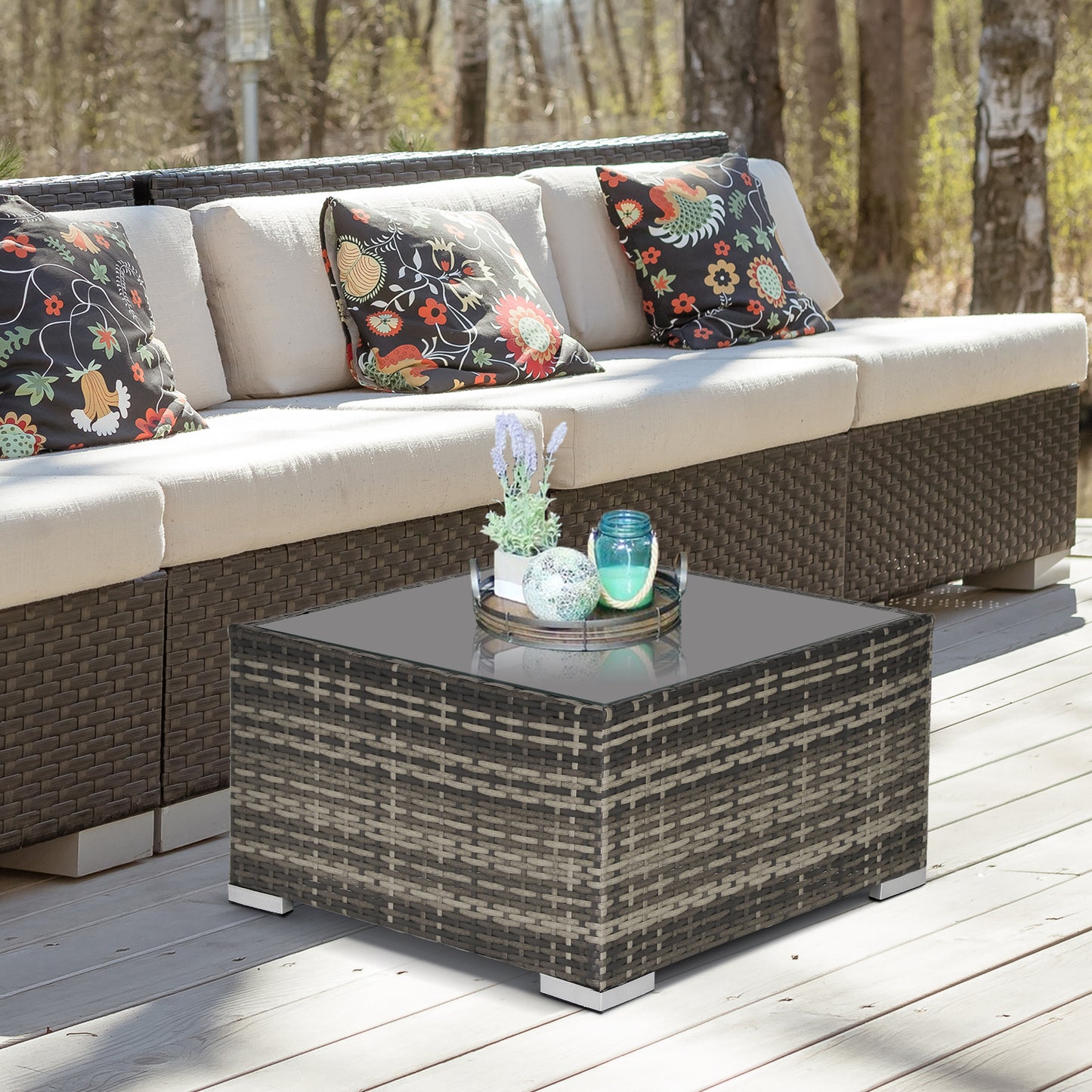 Garden Outdoor Rattan Corner Sofa,Single Sofa,Coffee Table Grey/Deep Grey