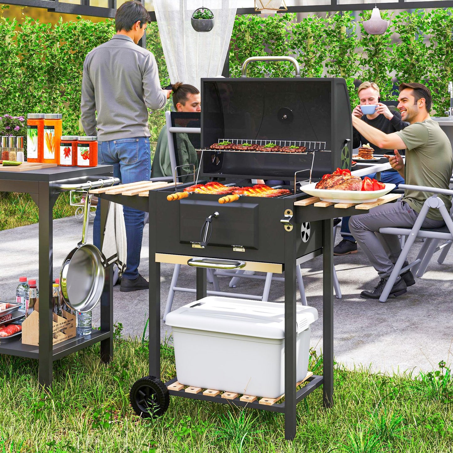 Charcoal BBQ Grill with Height Adjustable Charcoal Pan Outdoor Barbecue Smoker