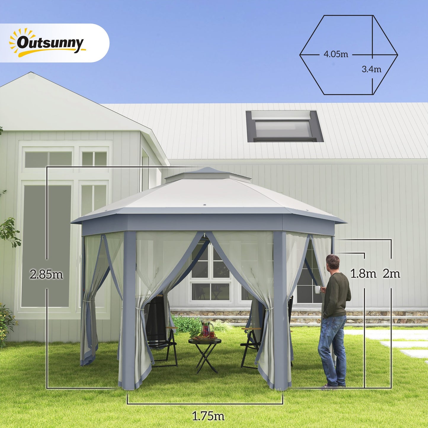 Outsunny 3X4M Hexagon Gazebo W/ Mesh Curtains Outdoor Garden, Grey