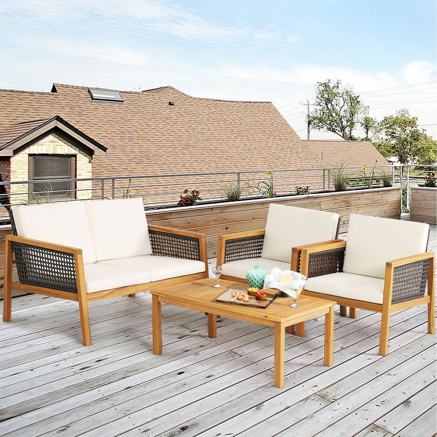 4-Piece Patio Acacia Wood Furniture Set with Removable Cushions