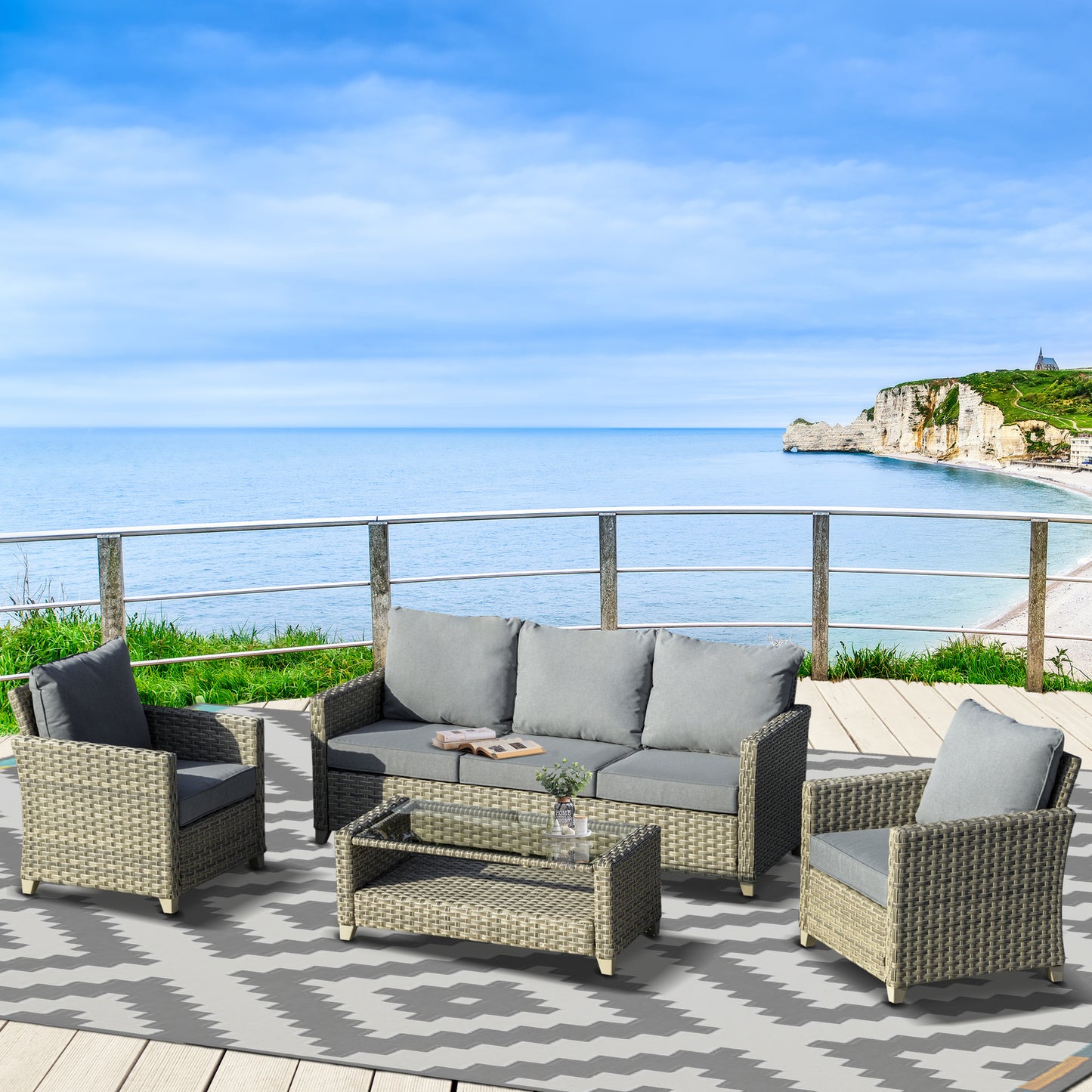 4 Pieces Patio PE Rattan Wicker Sofa Set, Outdoor Conversation Furniture Set