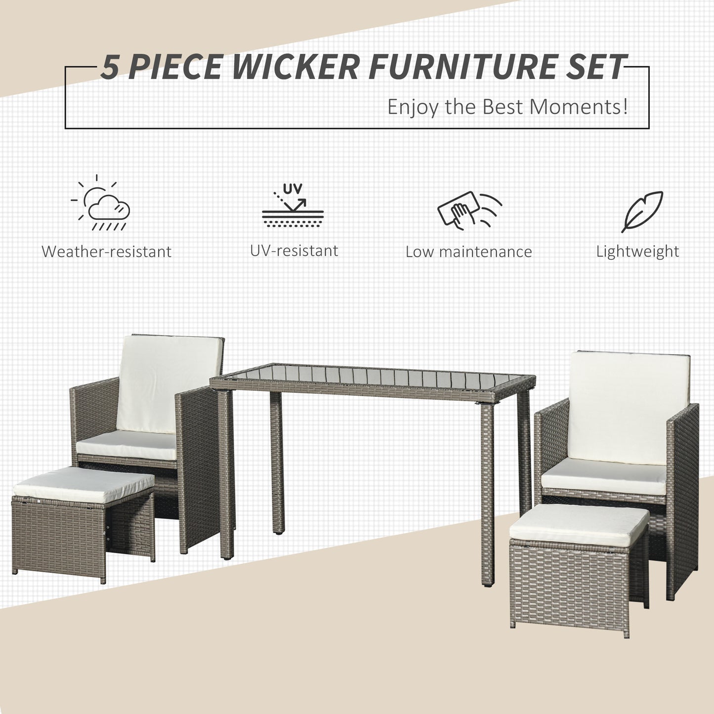 5 Pcs Rattan Garden Sofa Set Wicker Furniture Set with Cushion Footrest