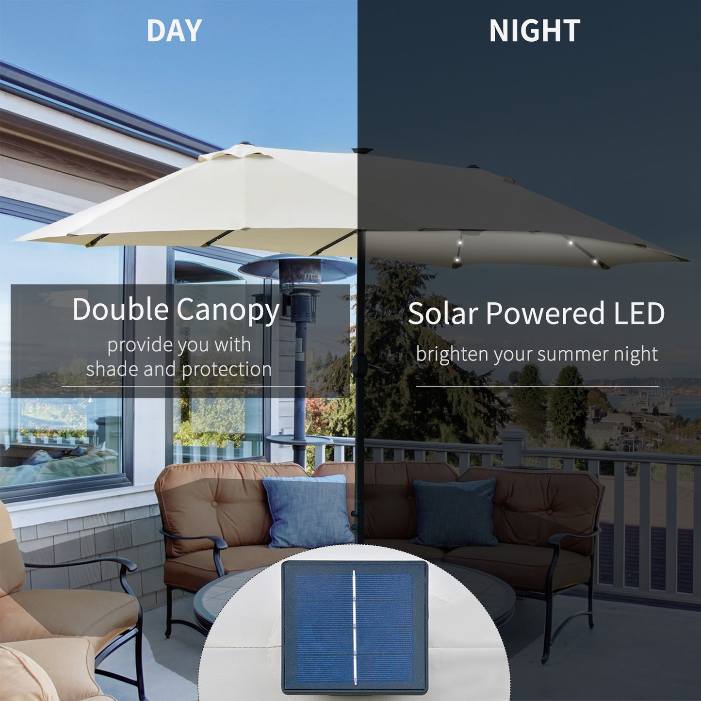 4.4M Double-Sided Sun Umbrella Patio Parasol with LED Solar Lights for Garden