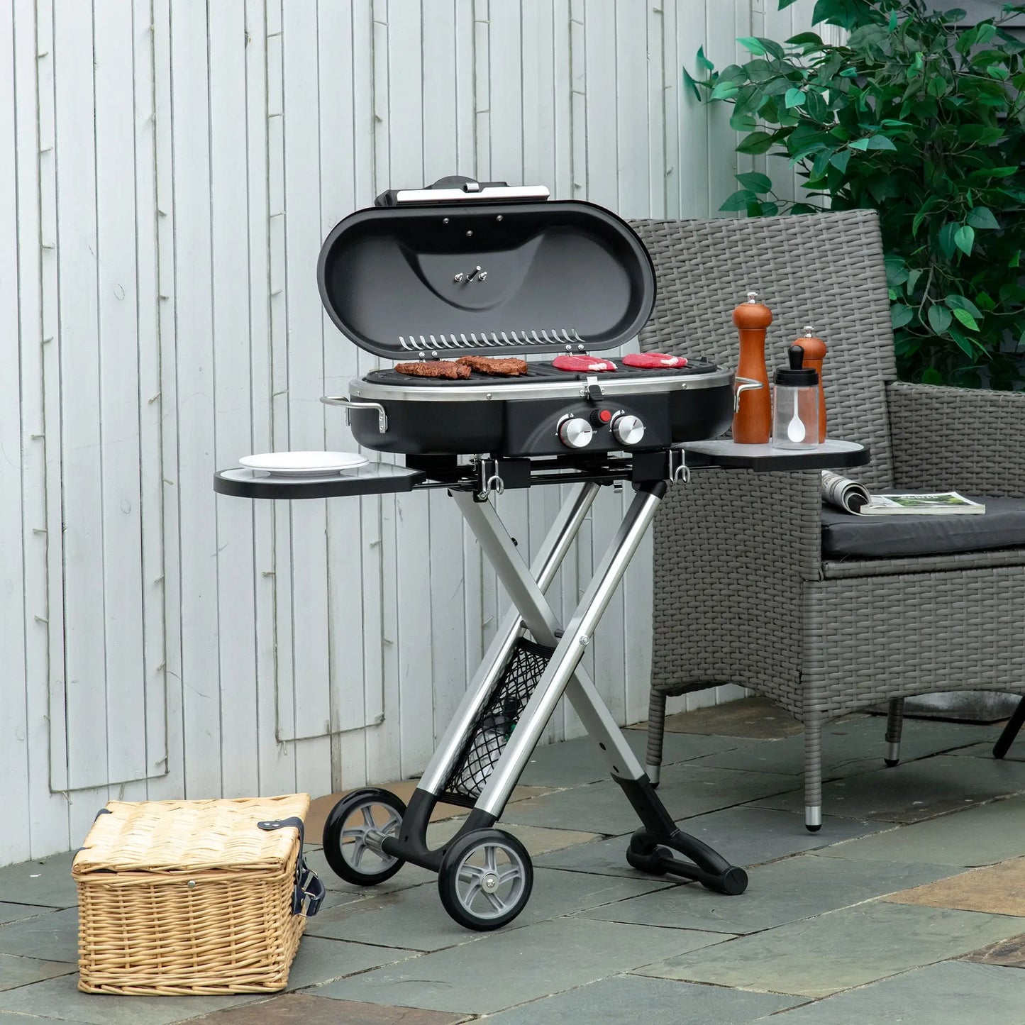 Foldable 2 Burner Gas BBQ Grill Trolley W/ Side Shelves Storage Pocket