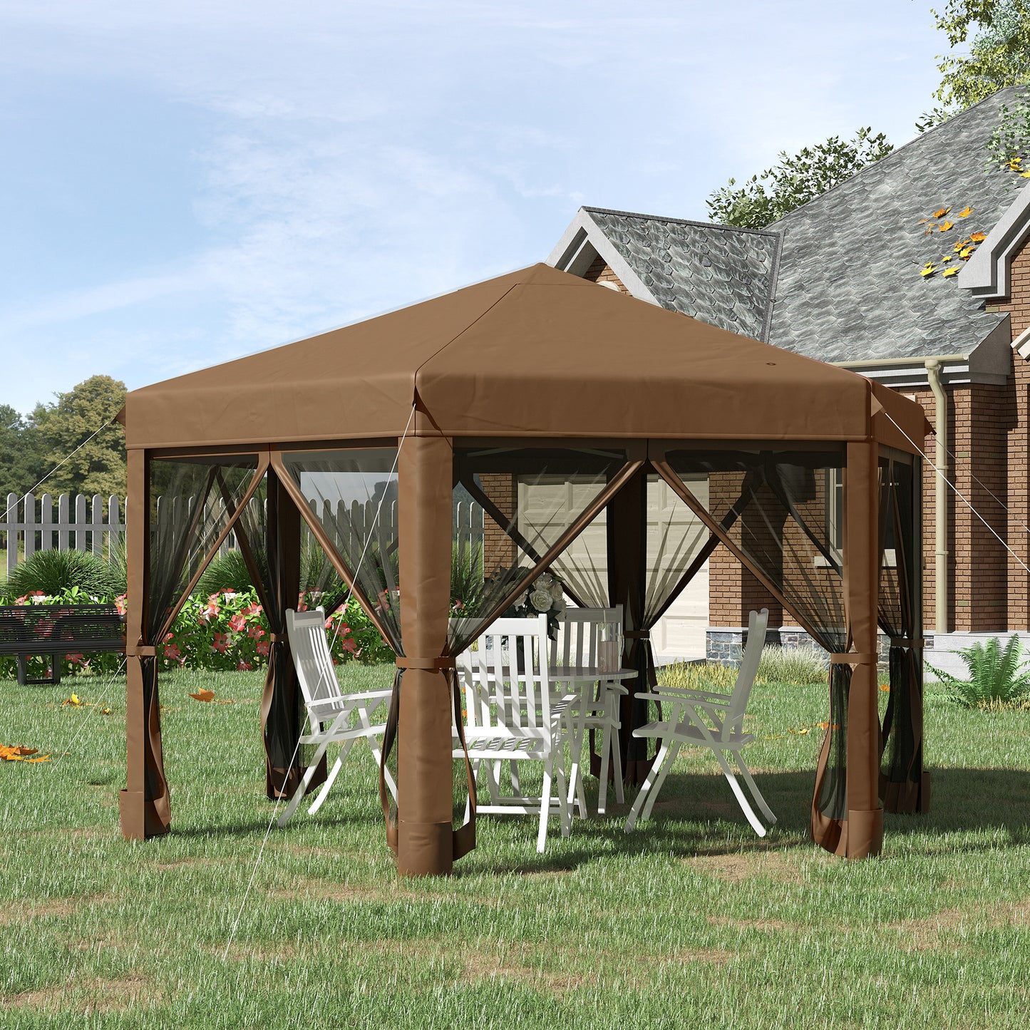 3.2M Outdoor Pop up Gazebo Hexagonal Canopy Tent with Mesh Sidewalls Handy Bag