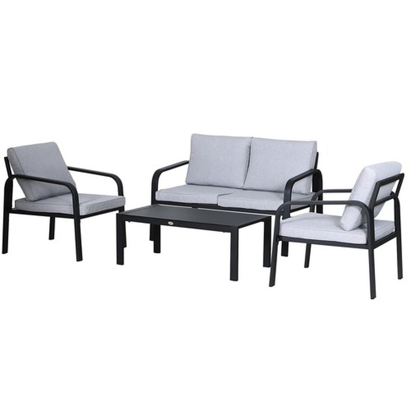4 Pcs Aluminium Garden Dining Set W/ 2 Chairs,Glass Top Table,Cushions Black