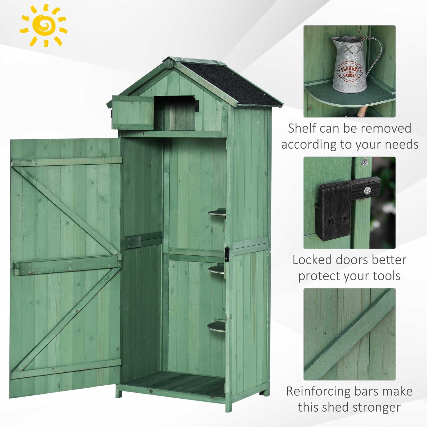 Garden Storage Shed 3 Utility Shelf Tool House W/ Asphalt Roof Lockabke Door