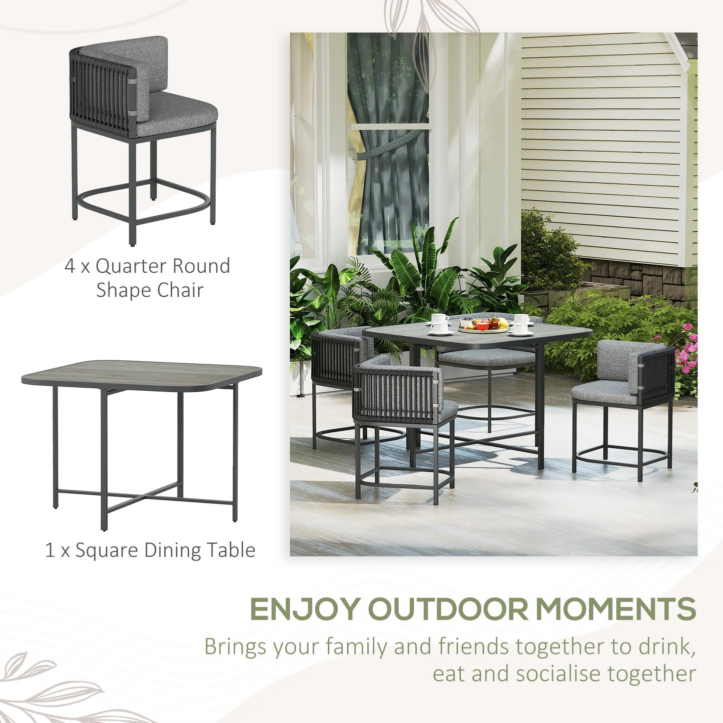 4 Seater Rattan Dining Set with Cushions, Charcoal Grey
