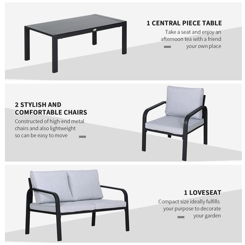 4 Pcs Aluminium Garden Dining Set W/ 2 Chairs,Glass Top Table,Cushions Black
