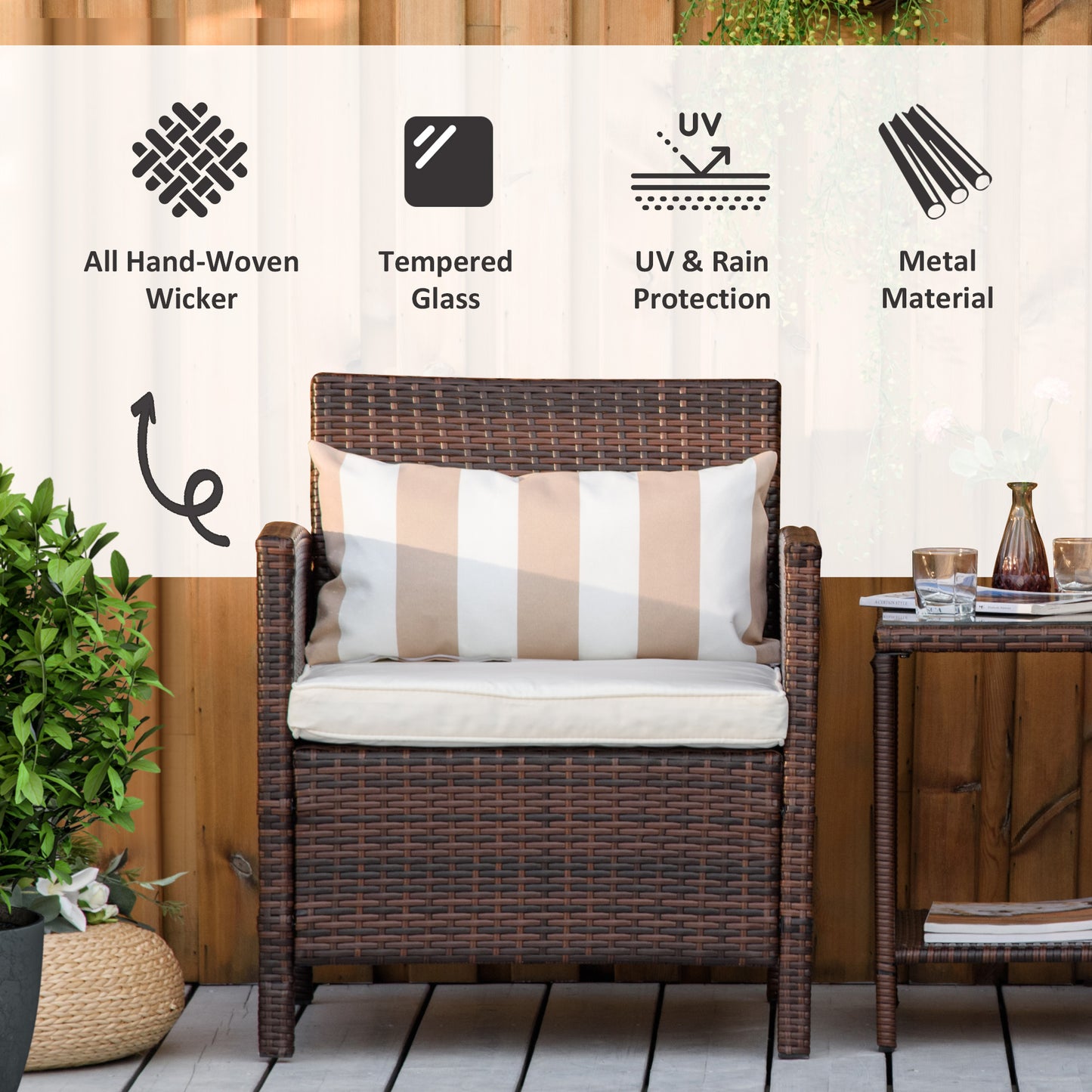 3 Pcs Rattan Outdoor Patio Set 2 Cushioned Single Sofa Coffee Table Conservatory