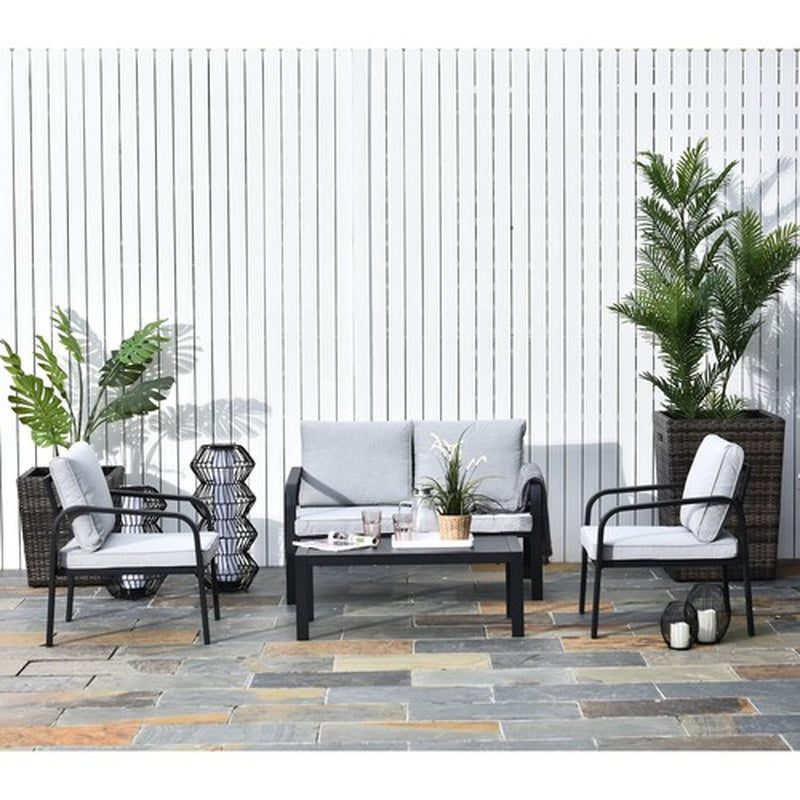 4 Pcs Aluminium Garden Dining Set W/ 2 Chairs,Glass Top Table,Cushions Black