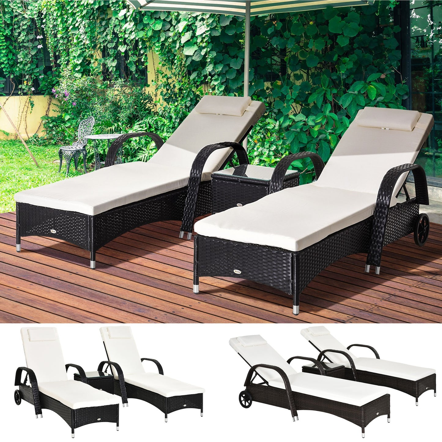3PC Rattan Sun Lounger Wicker Sofa Day Bed Recliner Furniture Garden Patio