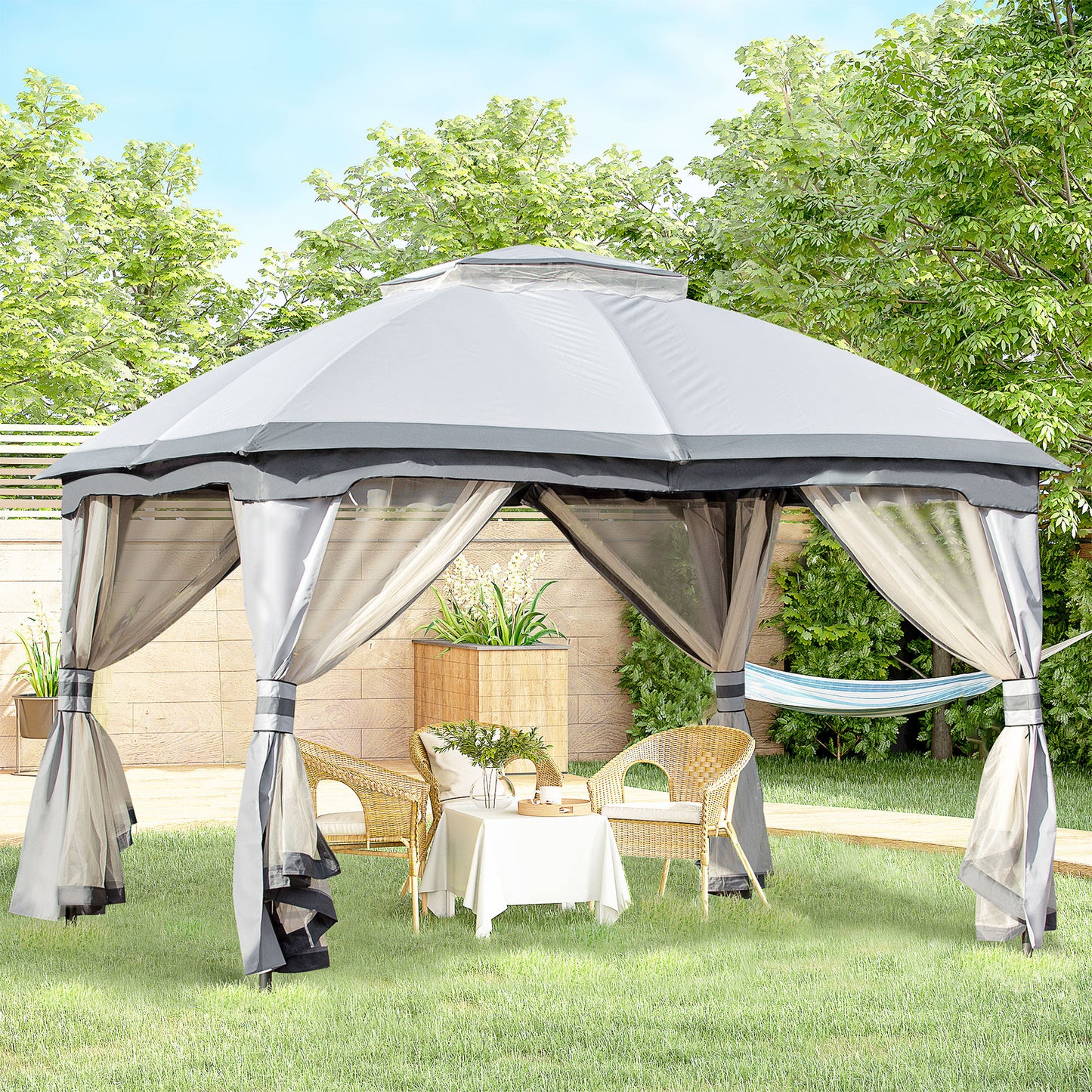 3.7 X 3(M) Outdoor Metal Gazebo 2-Tier Roof Sidewalls Pavilion Marquee Garden