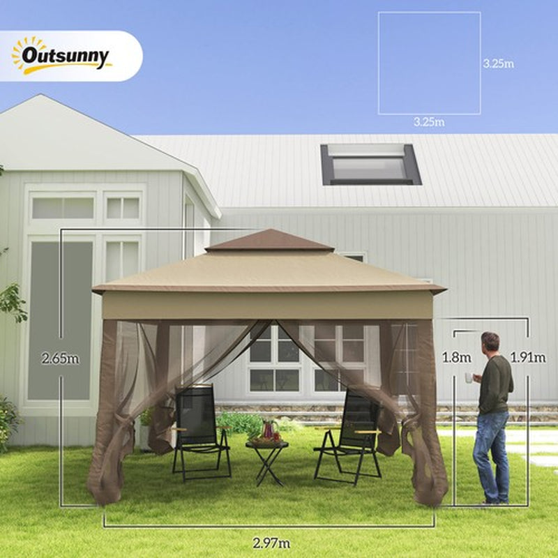 3 X 3(M) Garden Metal Gazebo Party Canopy Tent Sun Shelter W/ Net Curtain Khaki