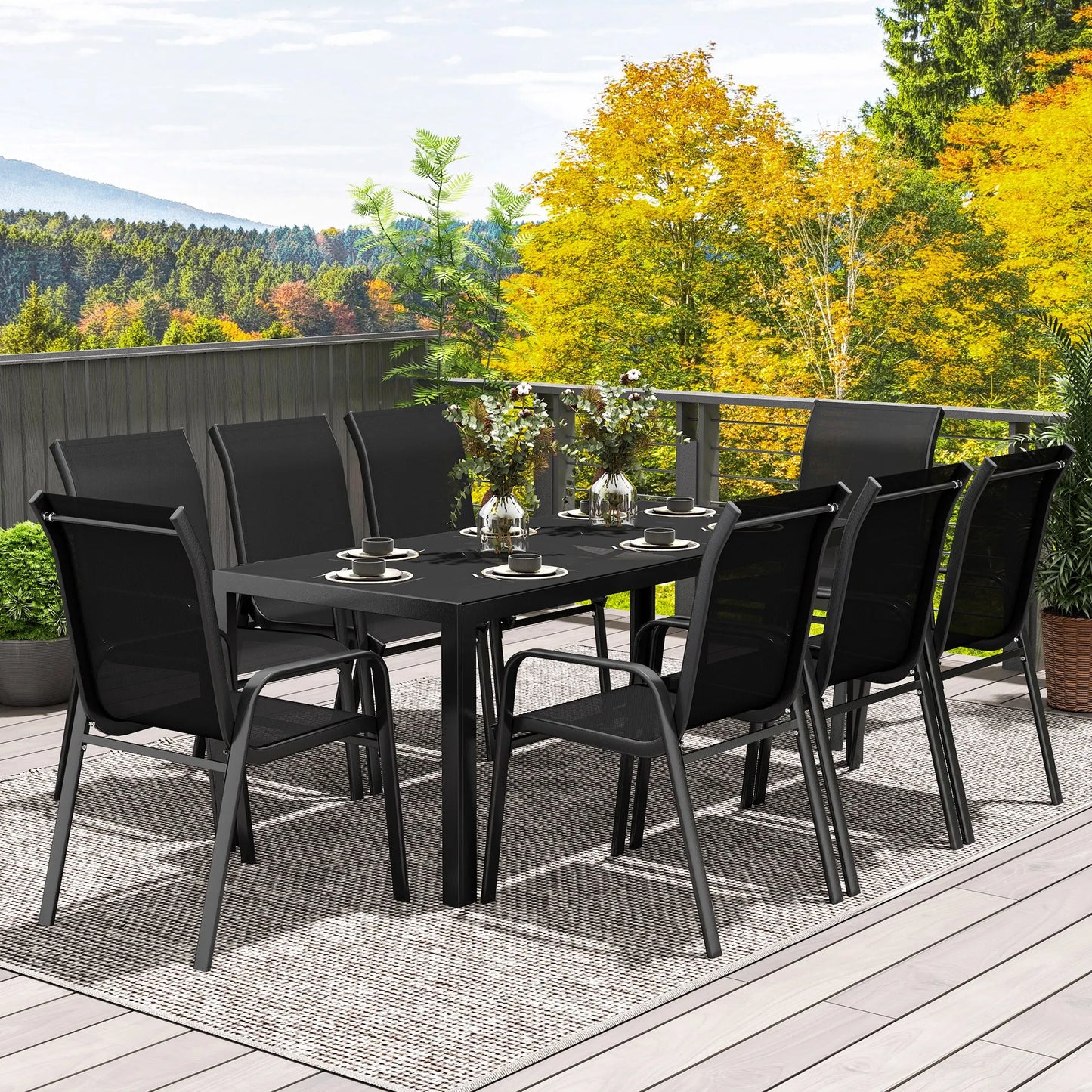 8 Seater Garden Dining Set with Stacking Chairs, Rectangular Tempered Glass Top, Garden Furniture Set, Black