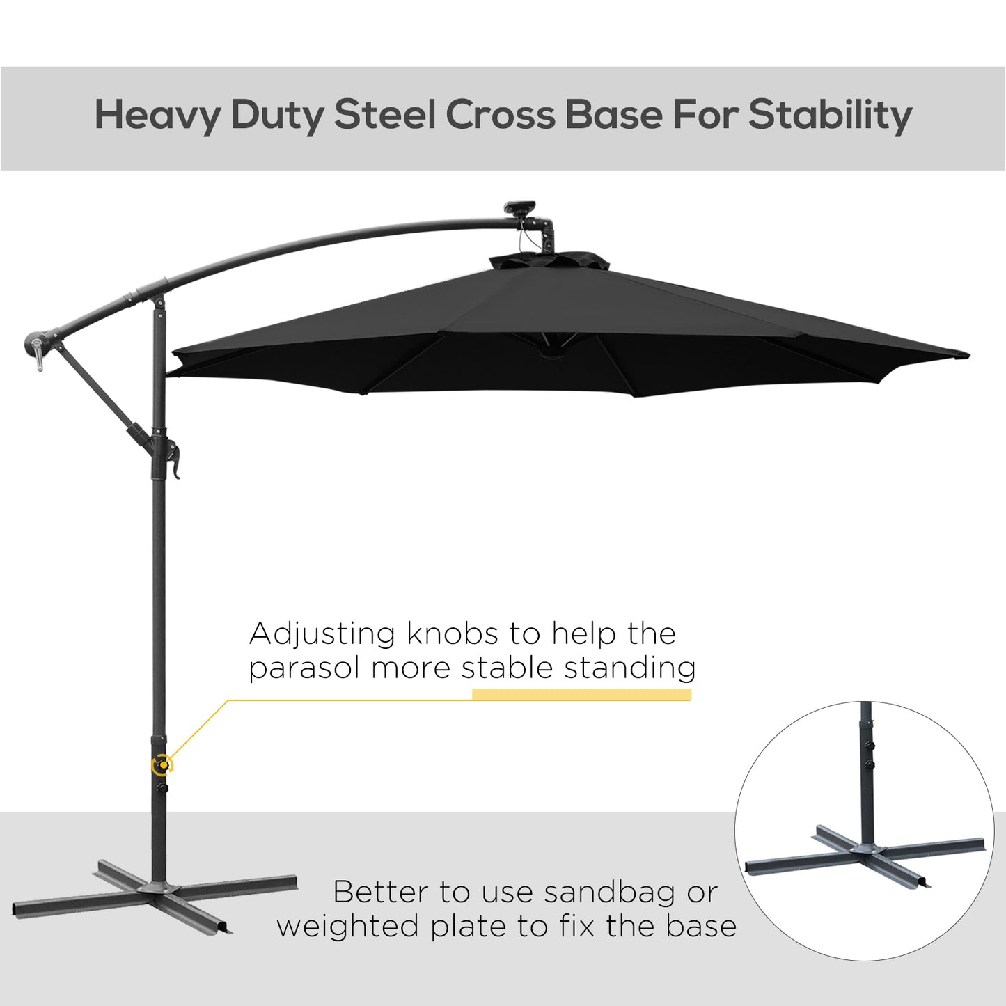 3(M) LED Patio Banana Umbrella Cantilever Parasol W/ Solar Lights Crank Handle