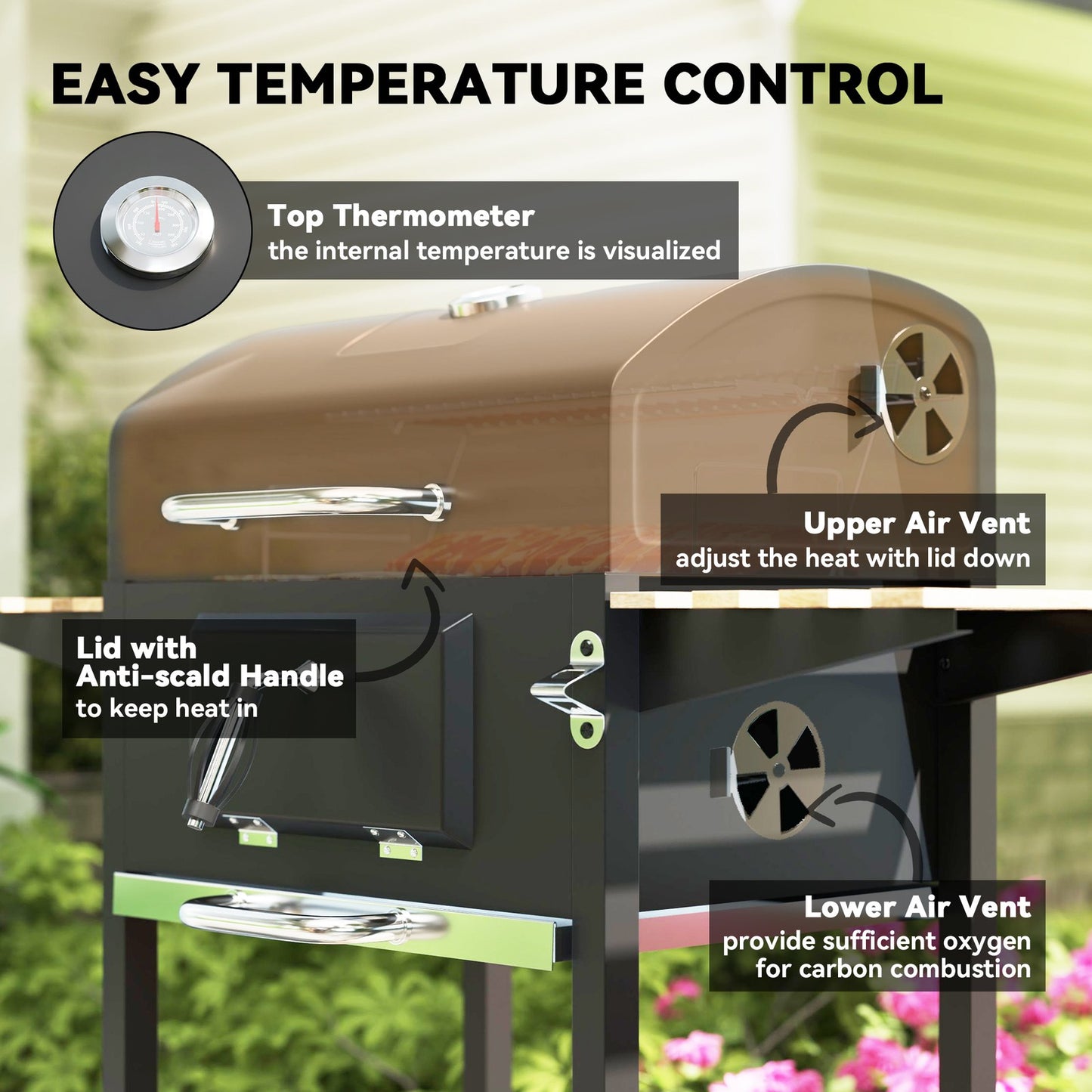 Charcoal BBQ Grill with Height Adjustable Charcoal Pan Outdoor Barbecue Smoker