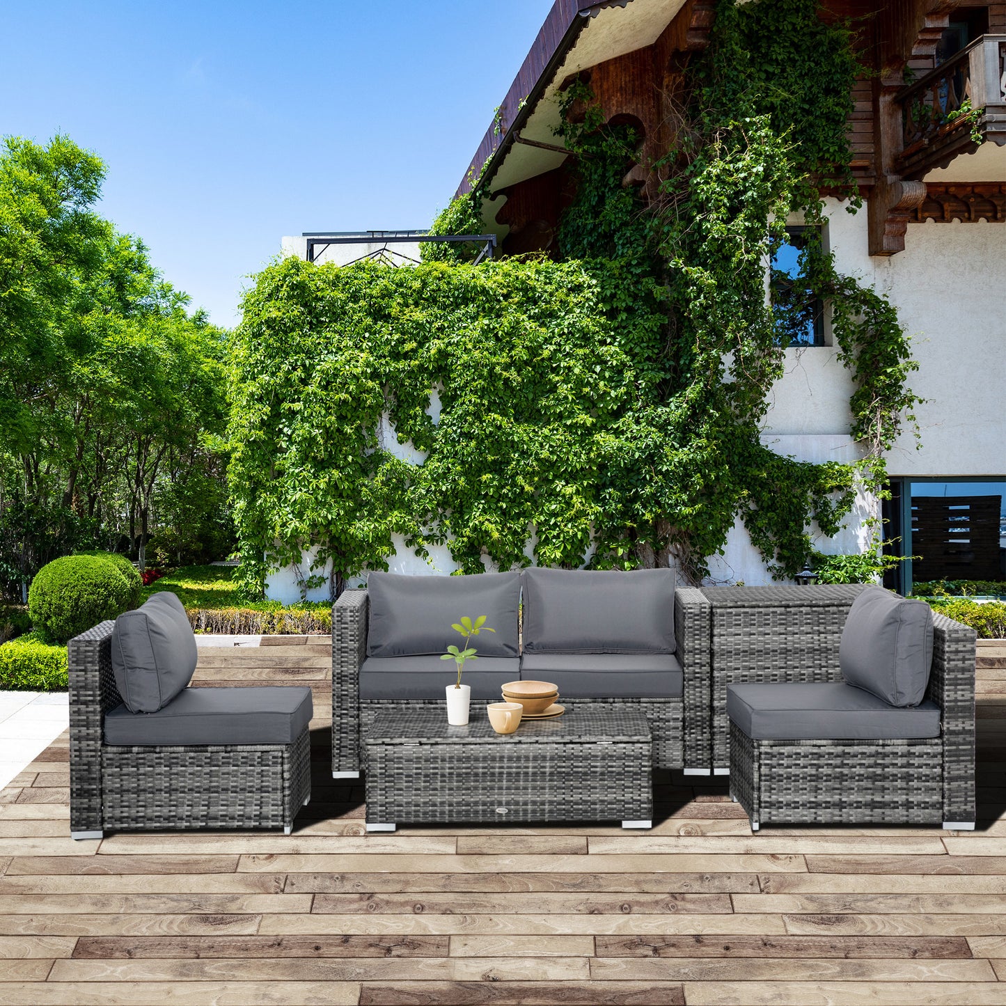 6 Pcs Rattan Furniture Sofa Set Side Table Garden Patio Conversation W/ Cushion
