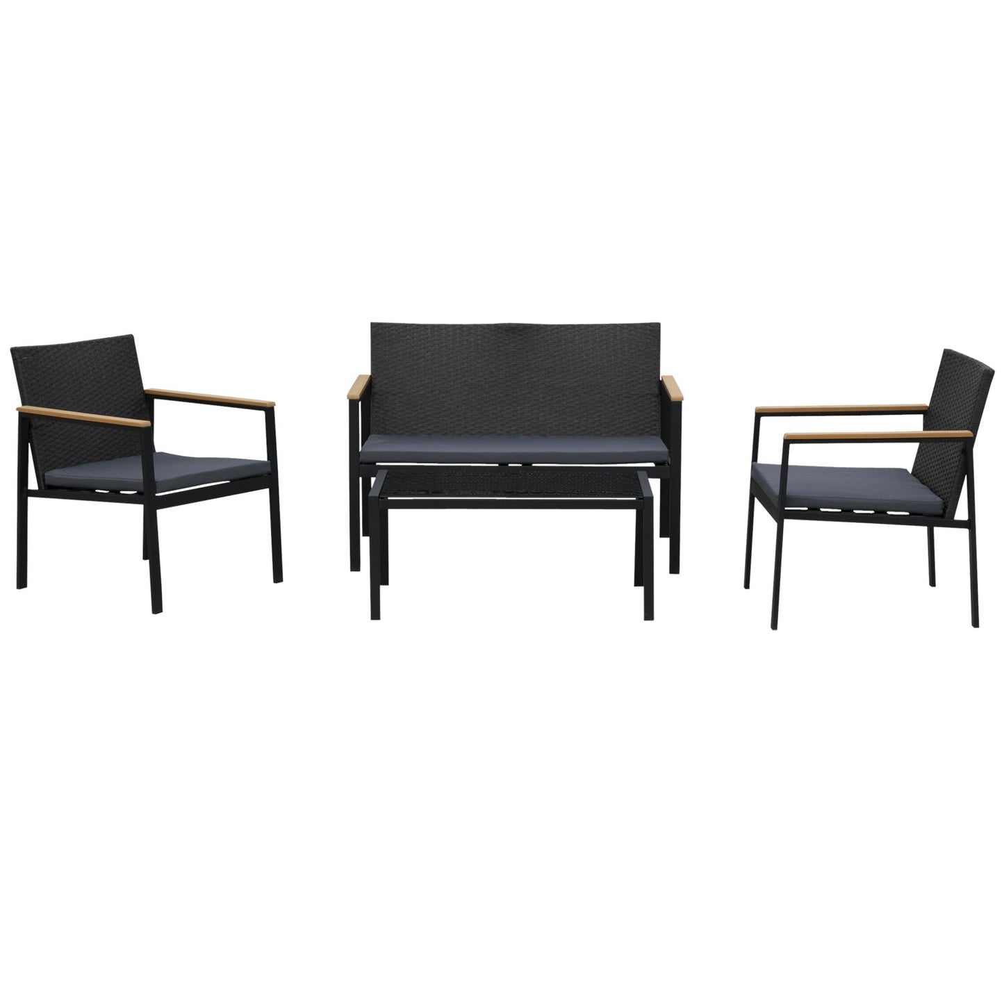 4 Pcs PE Rattan Furniture Set W/ 3 Cushioned Chairs Glass Tabletop Table, Black