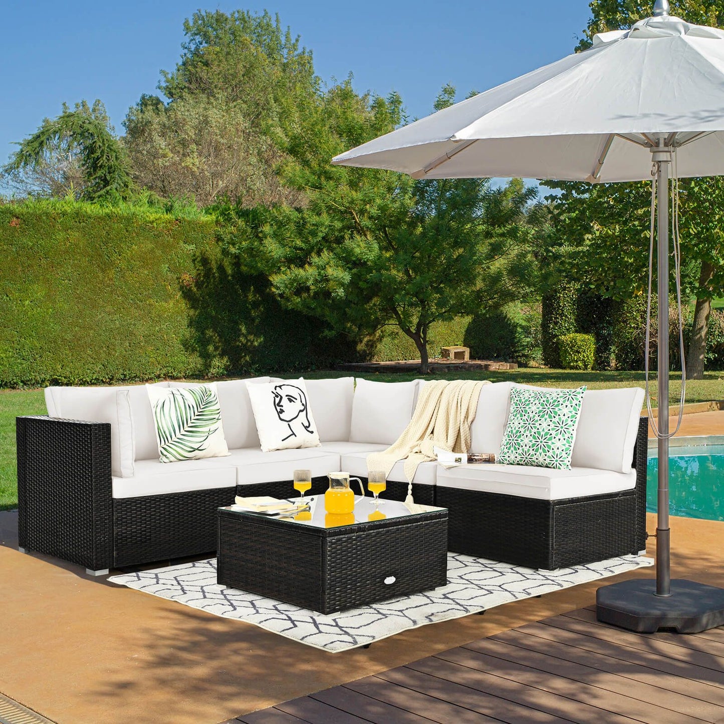 6 Piece Outdoor Rattan Sofa Set with Soft Seat and Back Cushions