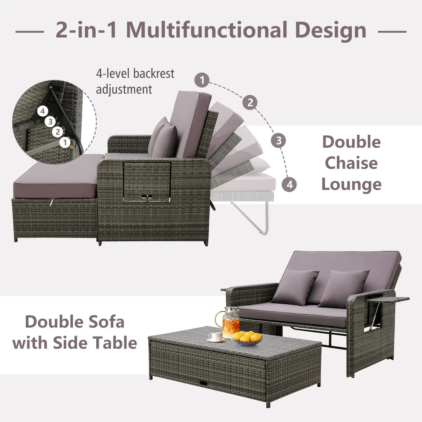 Patio Rattan Daybed Set with Multipurpose Ottoman and Retractable Side Tray