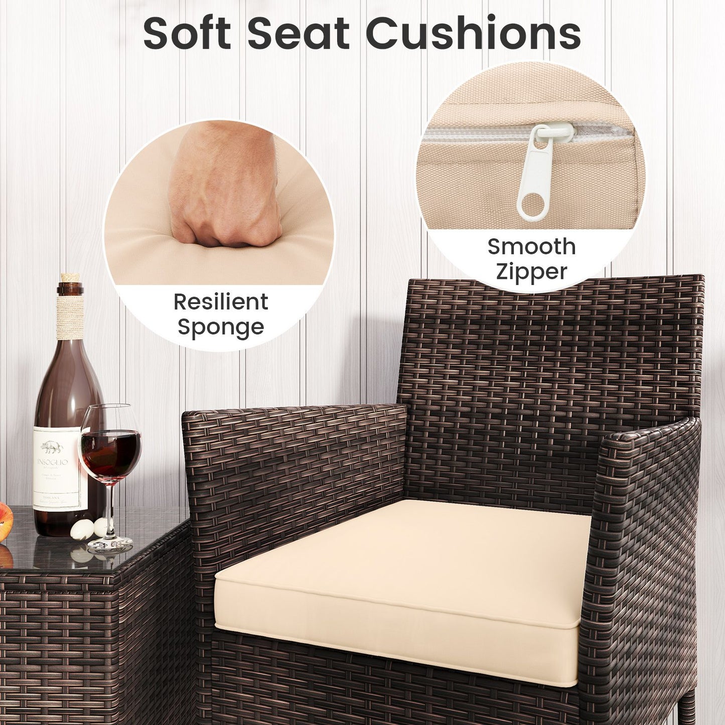 3 Pieces Patio Rattan Furniture Set with Soft Cushions and Glass Top Table