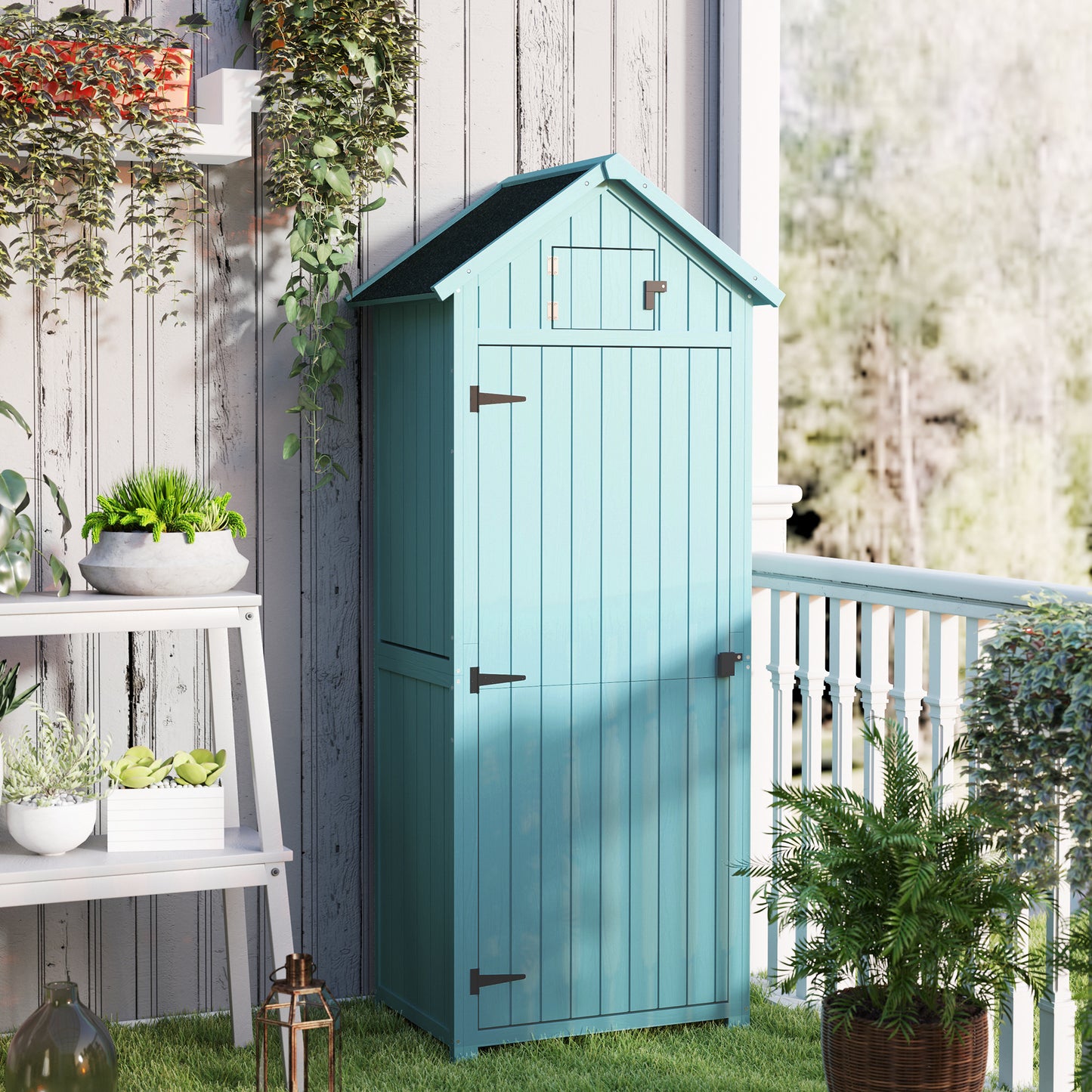 Garden Storage Shed 3 Utility Shelf Tool House W/ Asphalt Roof Lockabke Door