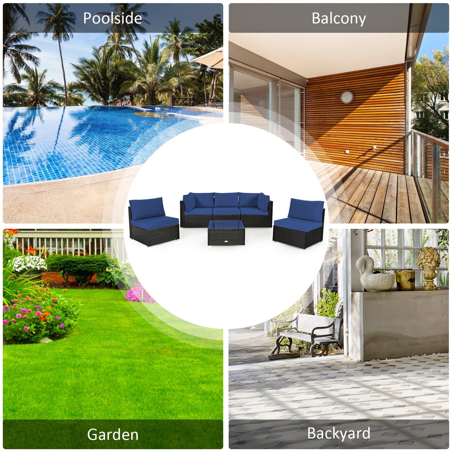 6 Piece Outdoor Rattan Sofa Set with Soft Seat and Back Cushions