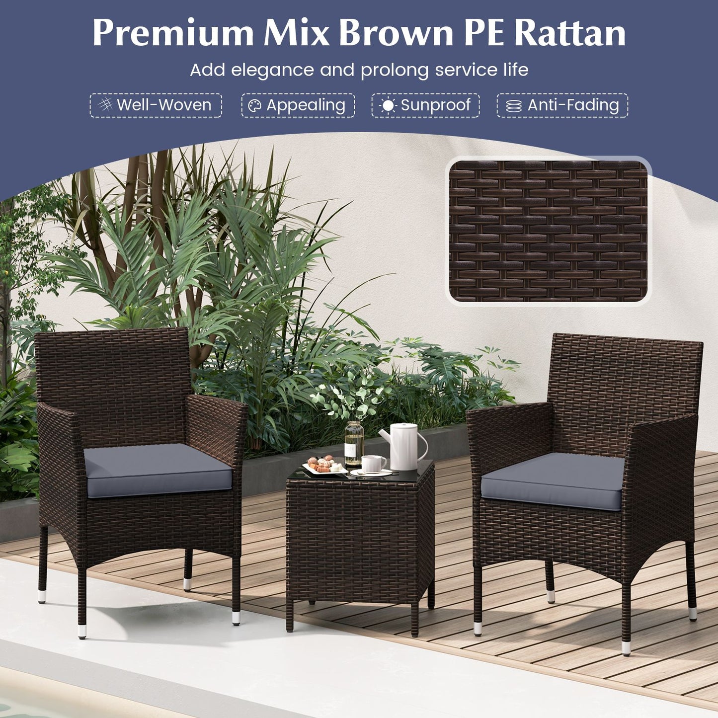 3 Pieces Patio Rattan Furniture Set with Soft Cushions and Glass Top Table