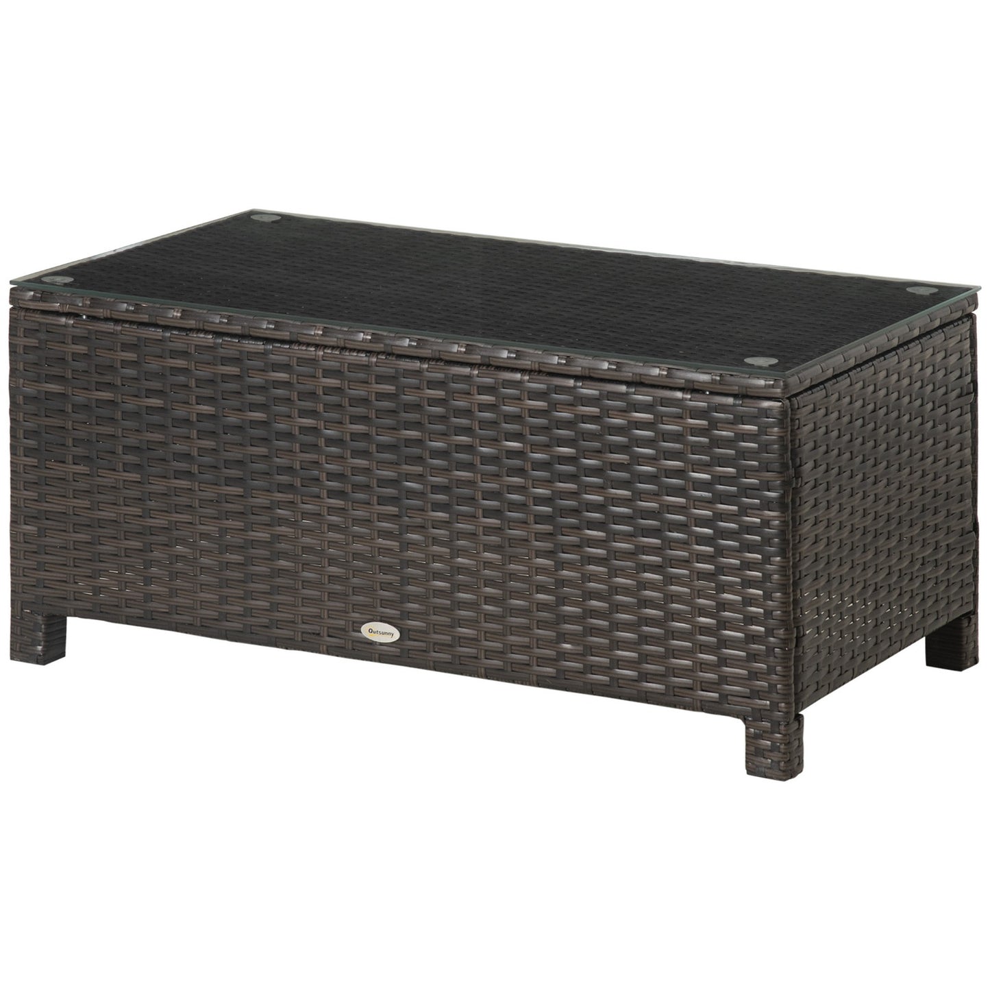 Outsunny Garden Rattan Side Table,Wicker Coffee Desk, Glass Top, Mixed Brown