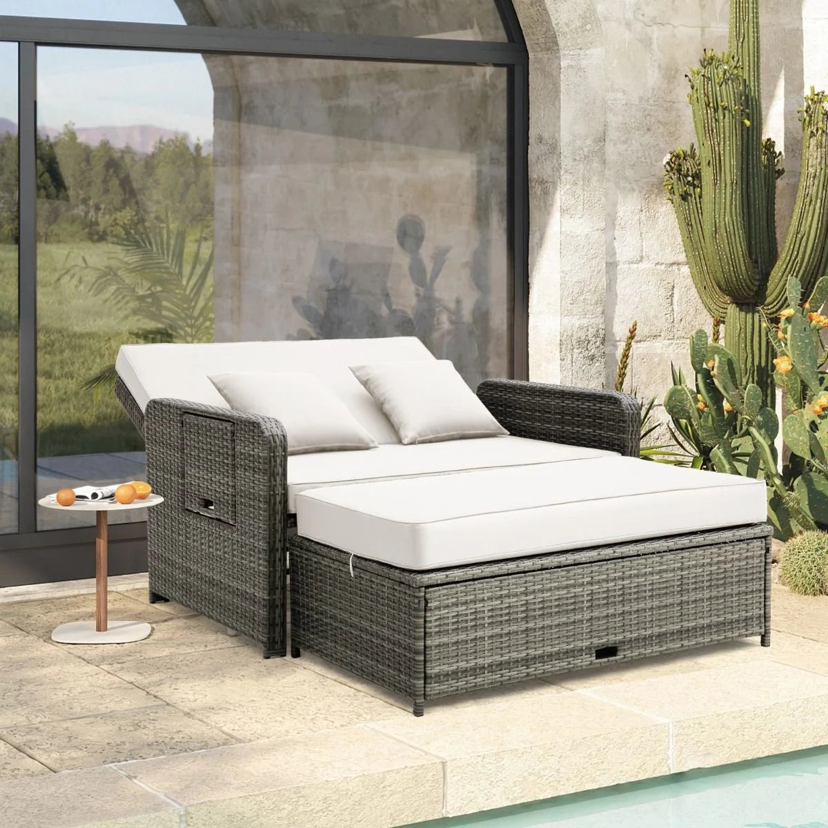 Patio Rattan Daybed Set with Multipurpose Ottoman and Retractable Side Tray