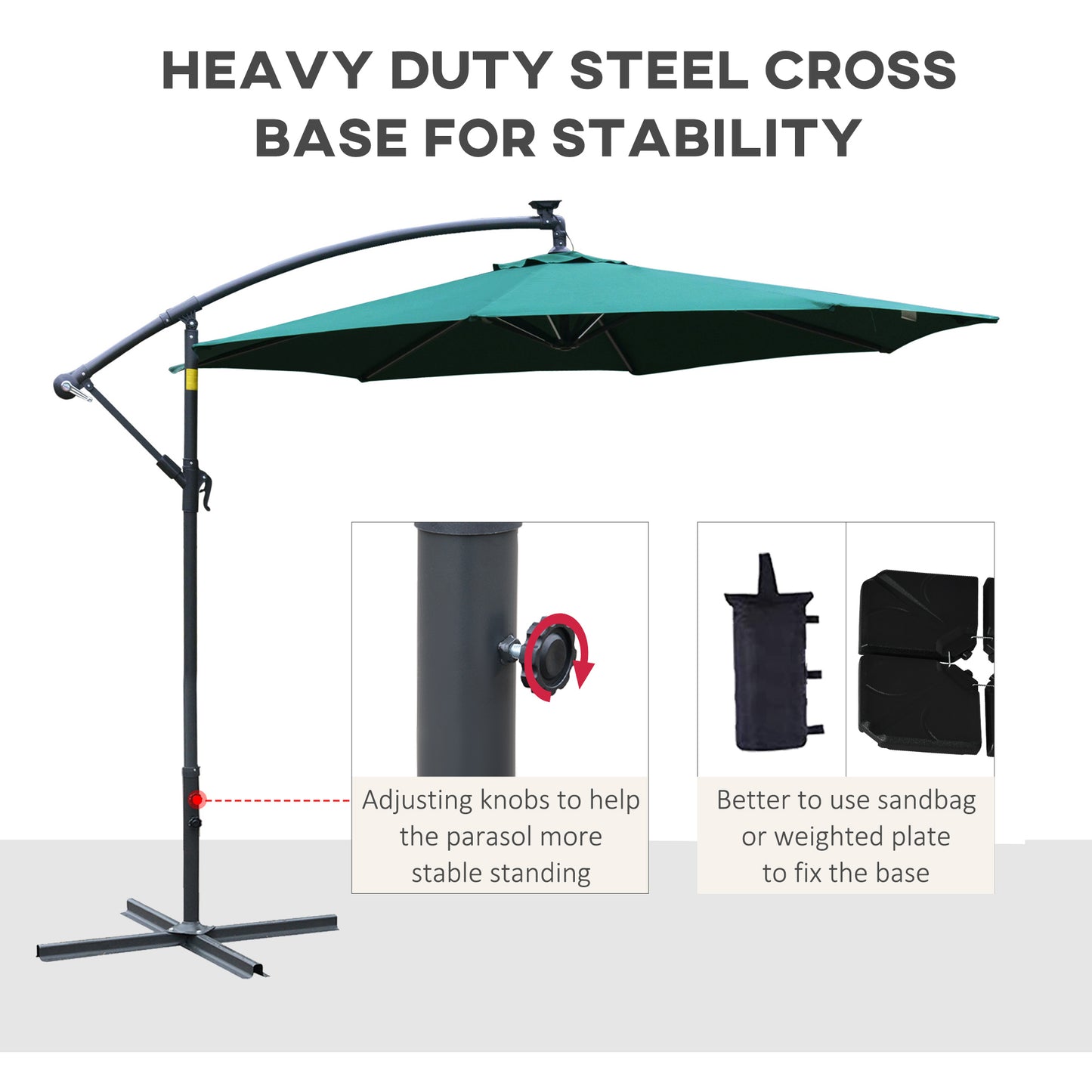 3(M) LED Patio Banana Umbrella Cantilever Parasol W/ Solar Lights Crank Handle
