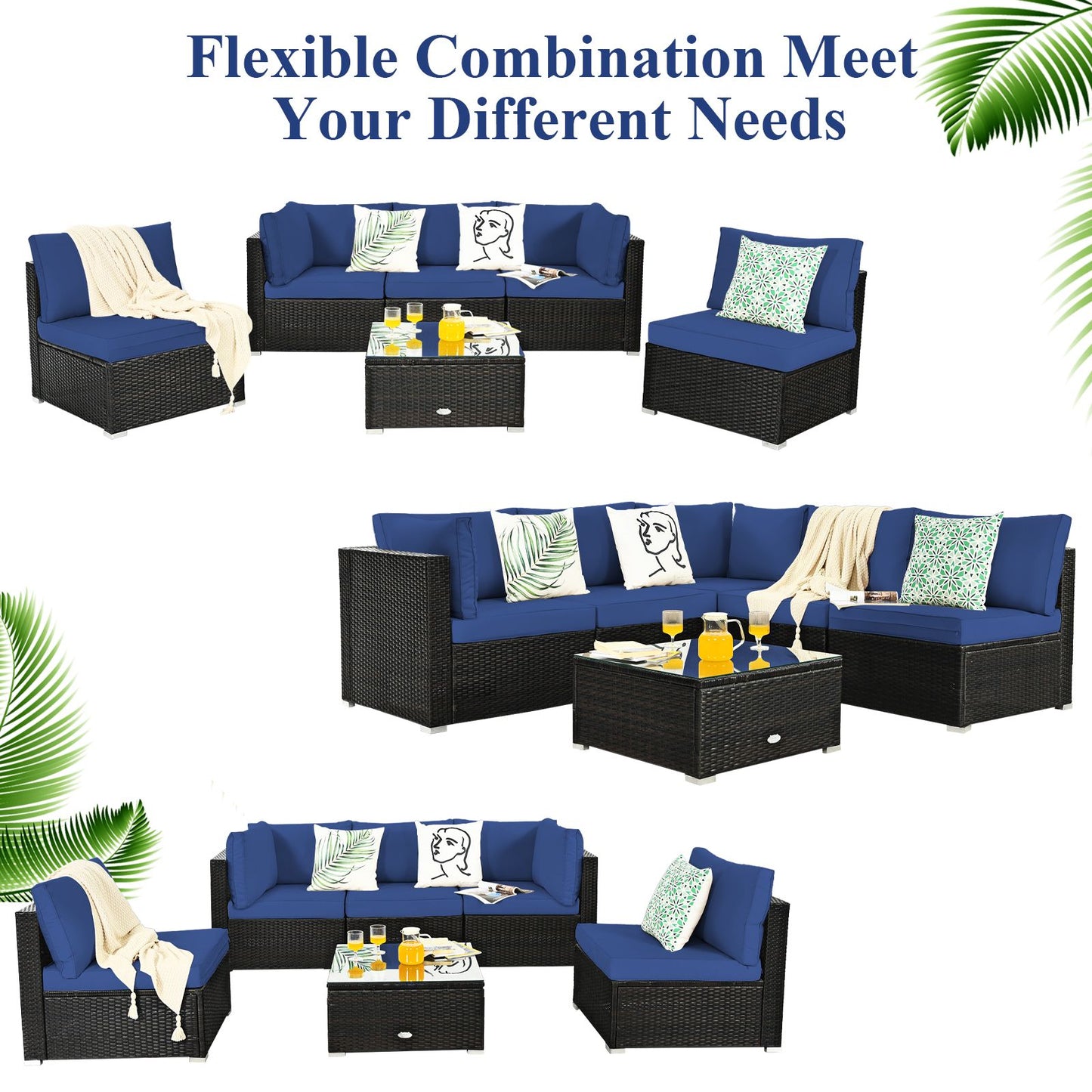 6 Piece Outdoor Rattan Sofa Set with Soft Seat and Back Cushions