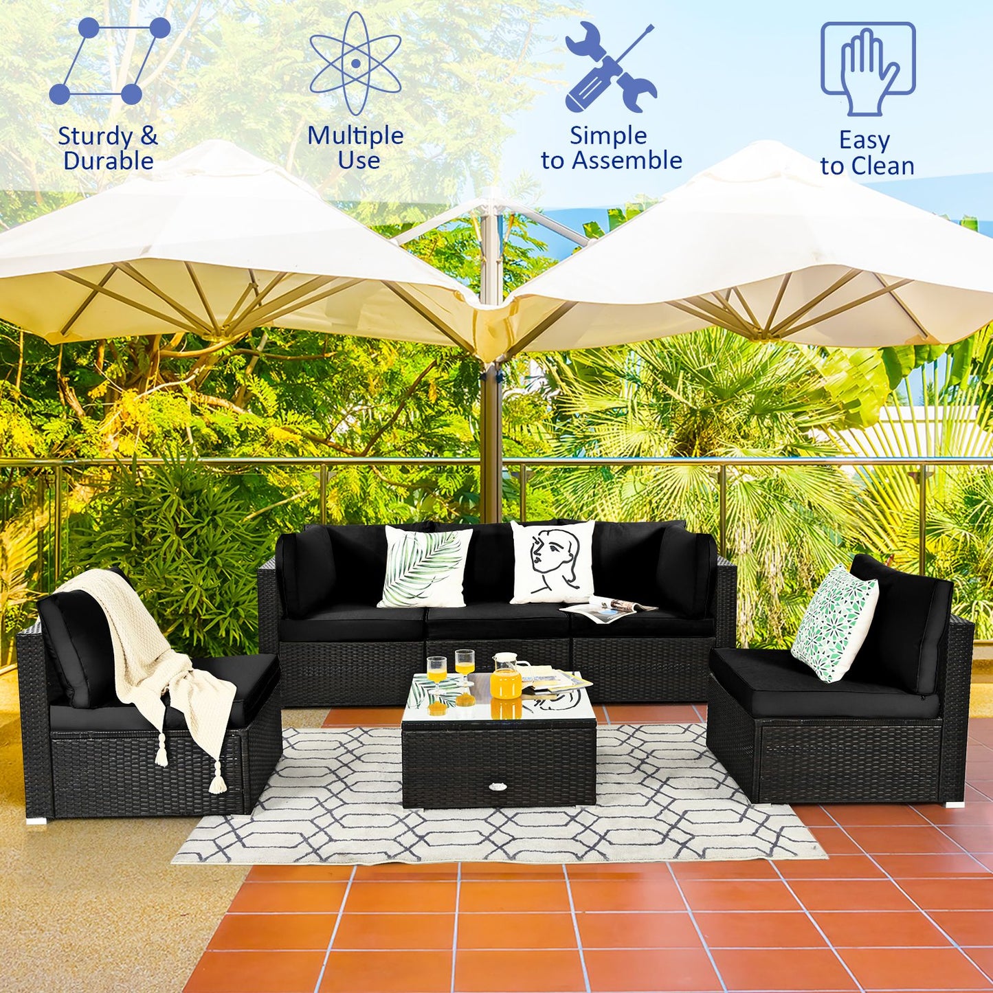 6 Piece Outdoor Rattan Sofa Set with Soft Seat and Back Cushions