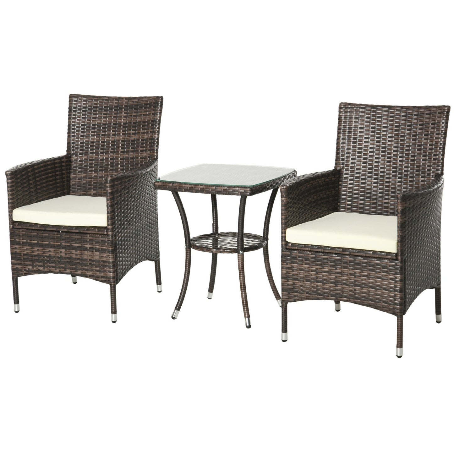 Outsunny Rattan Bistro Set Cushion Patio Garden Chair Table Brown UV Resistant