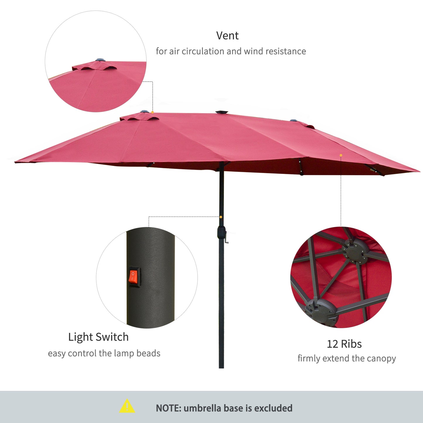 4.4M Double-Sided Sun Umbrella Patio Parasol with LED Solar Lights for Garden