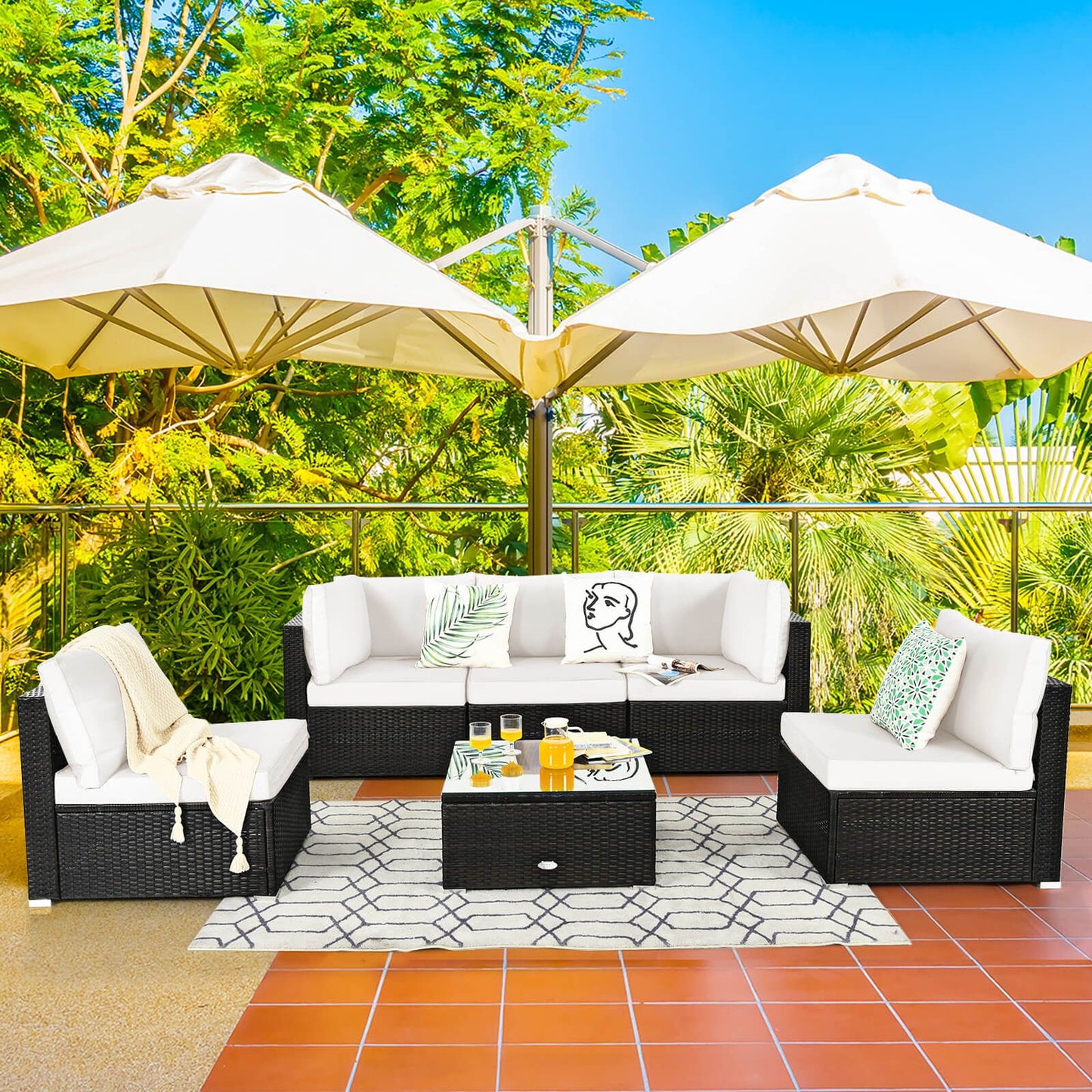 6 Piece Outdoor Rattan Sofa Set with Soft Seat and Back Cushions