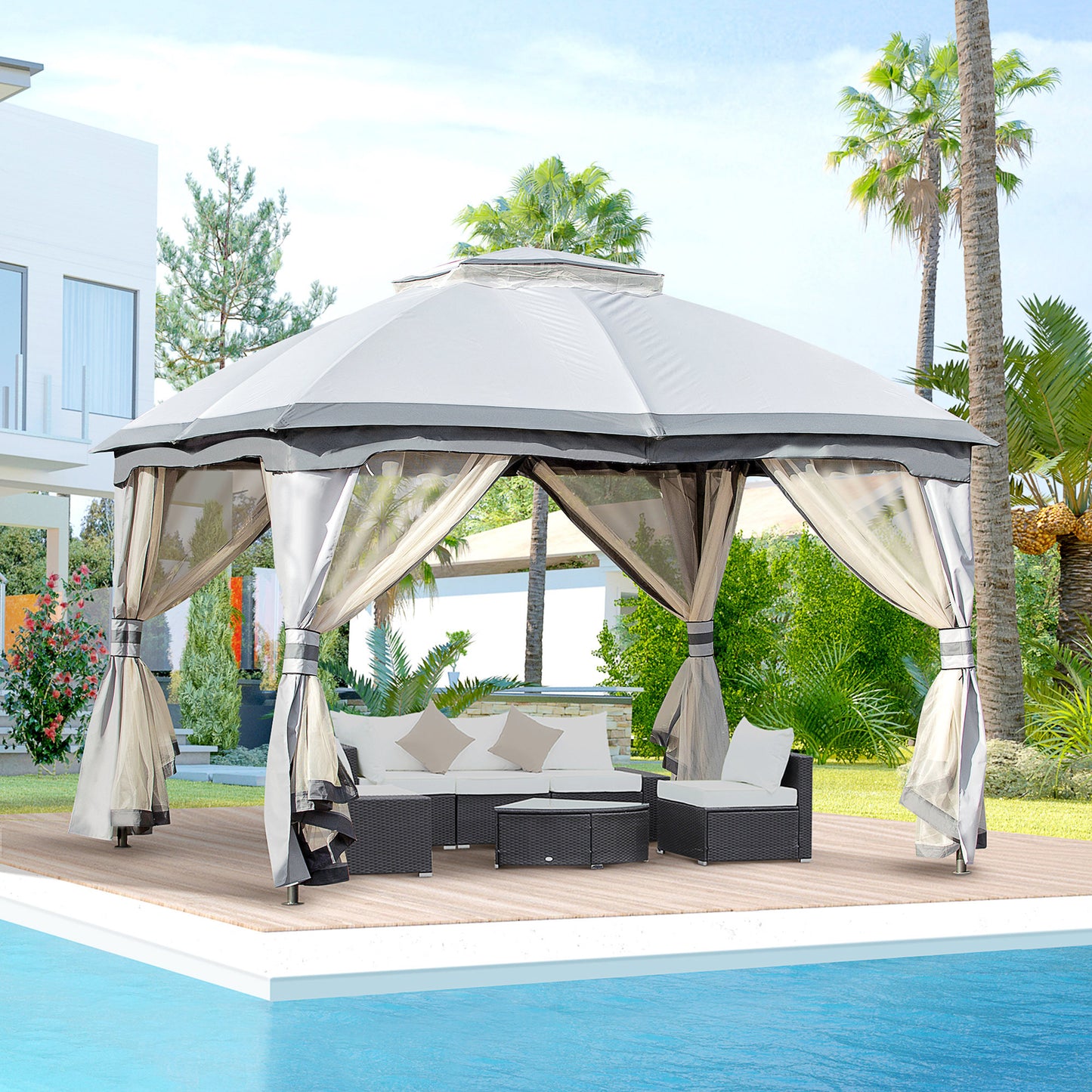 3.7 X 3(M) Outdoor Metal Gazebo 2-Tier Roof Sidewalls Pavilion Marquee Garden