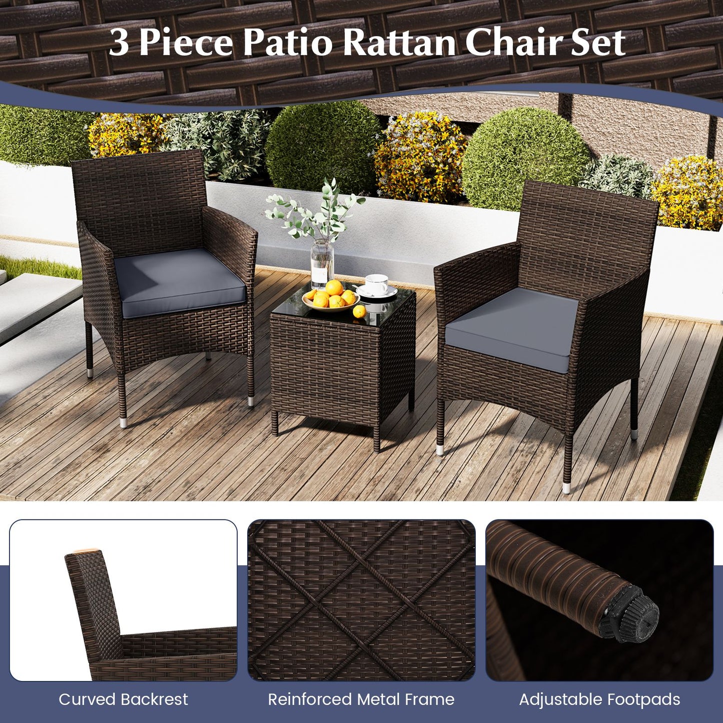 3 Pieces Patio Rattan Furniture Set with Soft Cushions and Glass Top Table