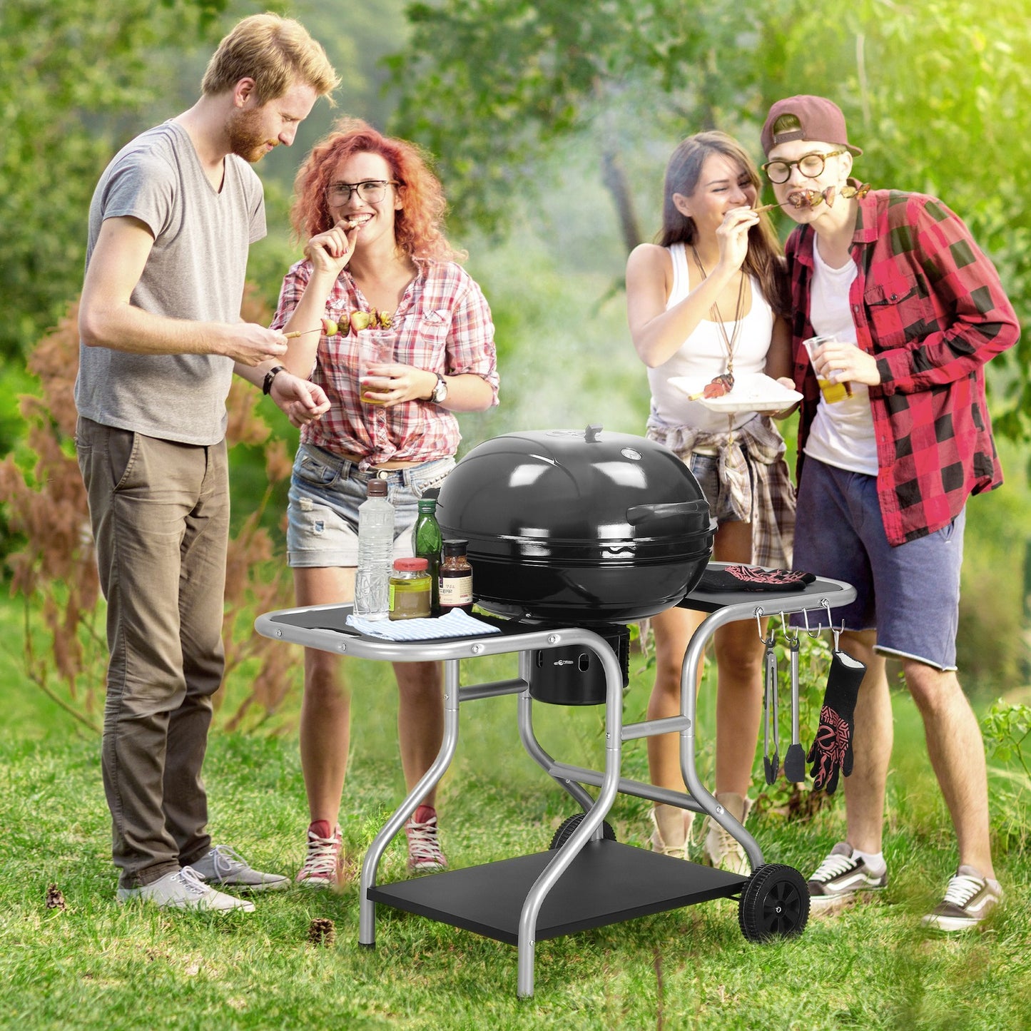 Outsunny Garden Charcoal Barbecue Grill Trolley BBQ Patio Heating W/ Wheels