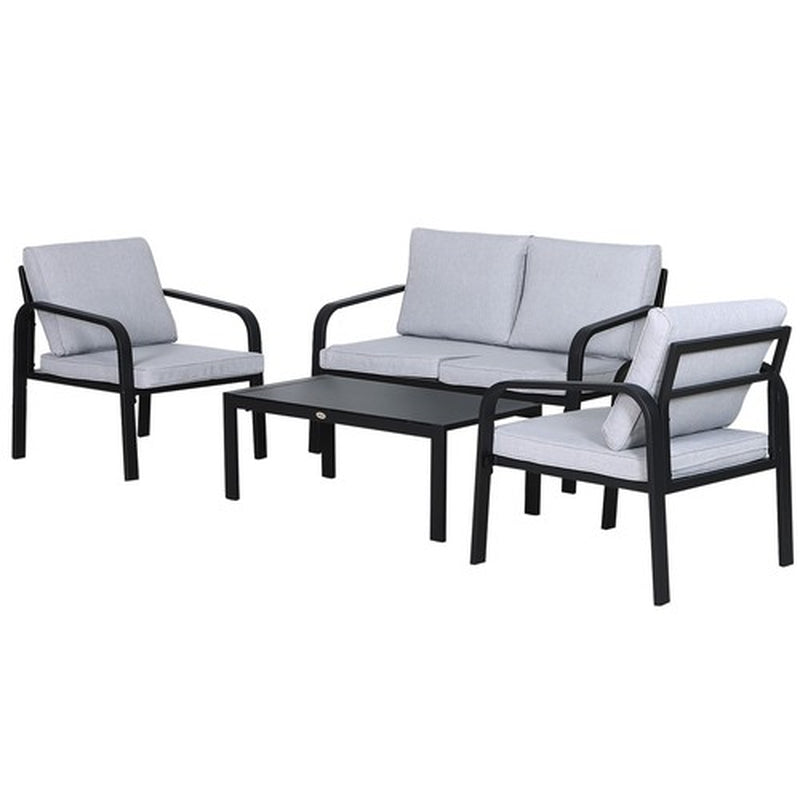 4 Pcs Aluminium Garden Dining Set W/ 2 Chairs,Glass Top Table,Cushions Black