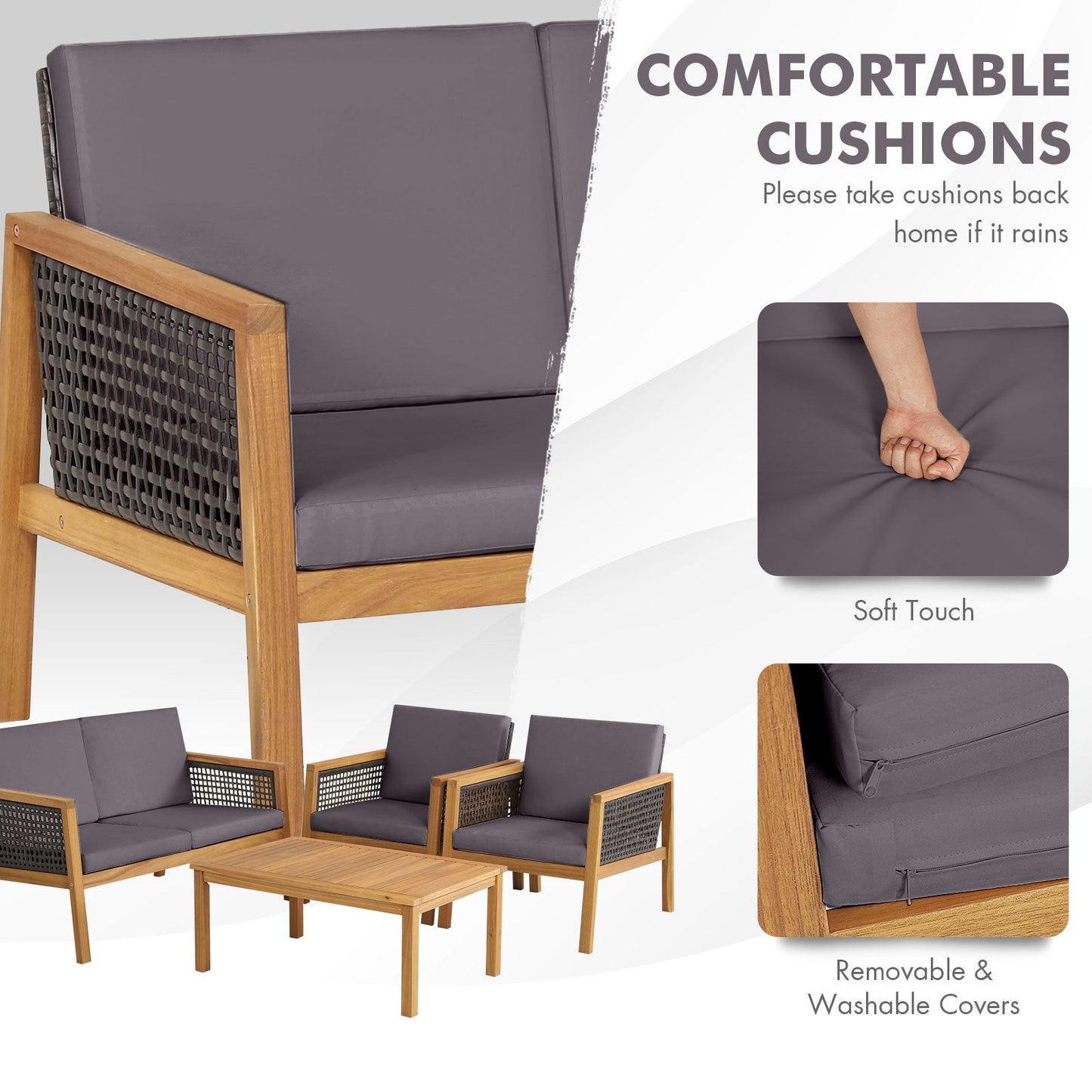 4-Piece Patio Acacia Wood Furniture Set with Removable Cushions