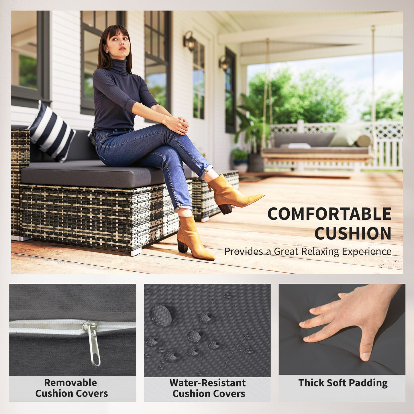 5 Pieces Rattan Sofa Set Wicker Sectional Furniture Cushion Black Brown Grey